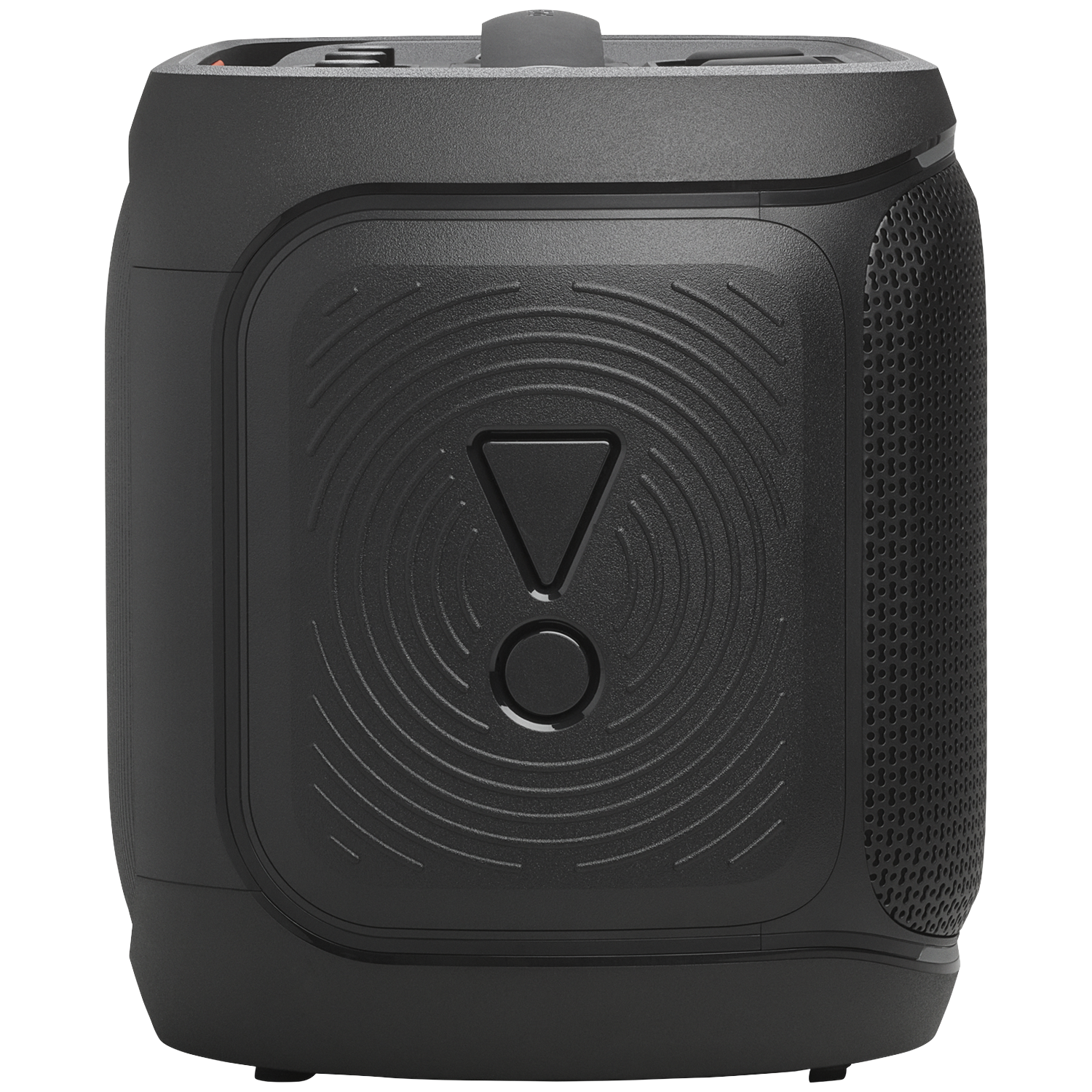 A black, cylindrical JBL speaker. It has a textured surface with a central logo, a power button, and a mesh speaker on the side.