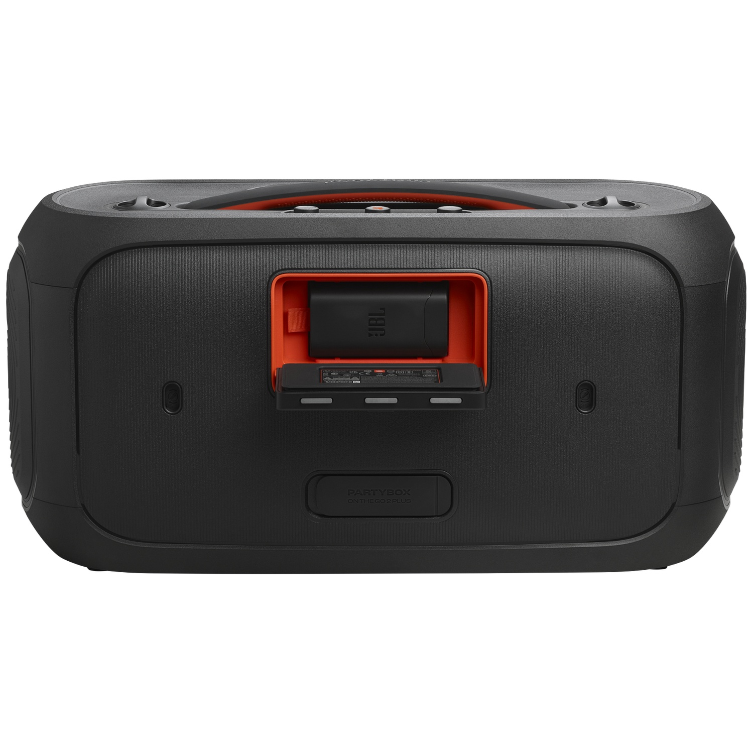 Zwarte JBL PartyBox-luidspreker. Hij heeft een oranje accent aan de bovenkant en in het oplaadgedeelte. De luidspreker is rechthoekig.