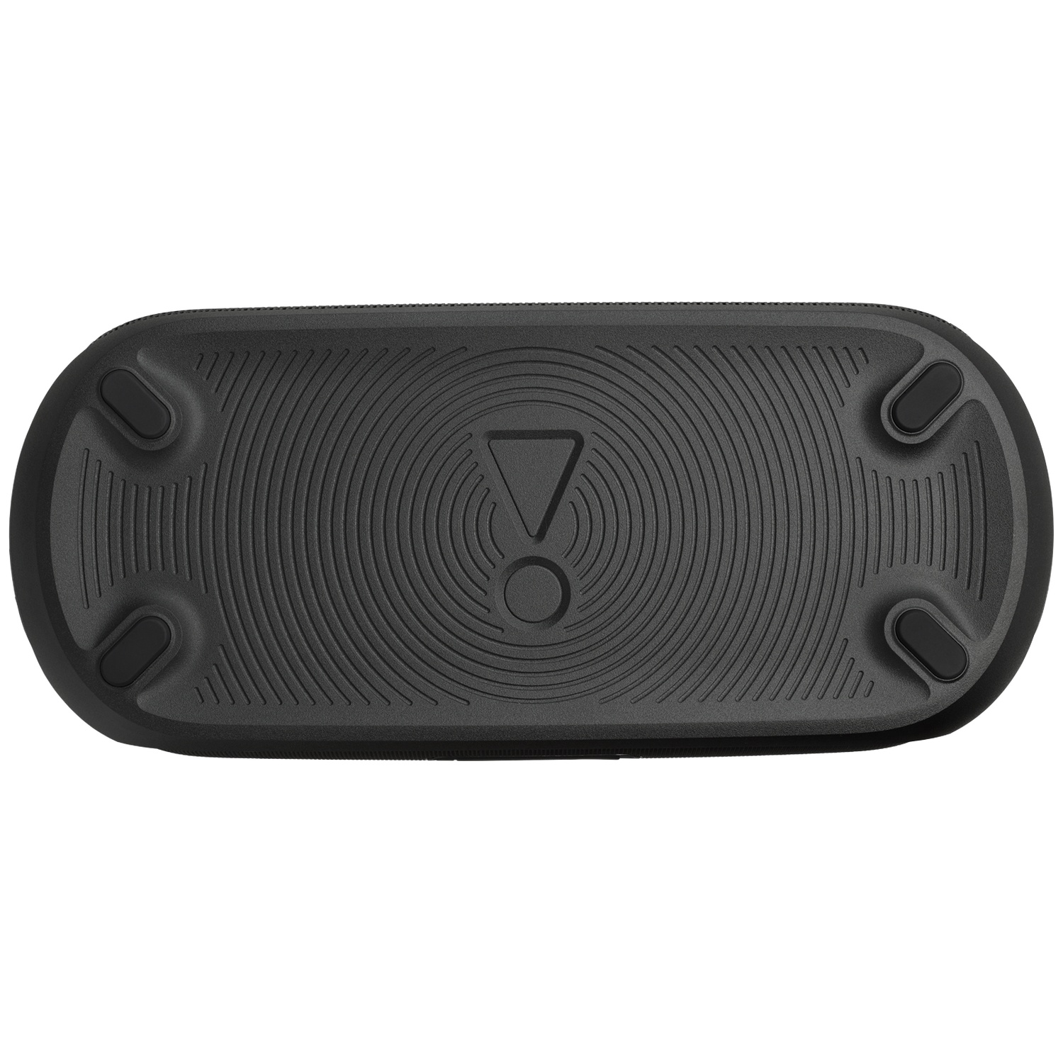 Zwarte JBL-luidspreker, ovale vorm, met textuur. Voorzien van vier rubberen voetjes en JBL-logo. Achtergrond is wit.