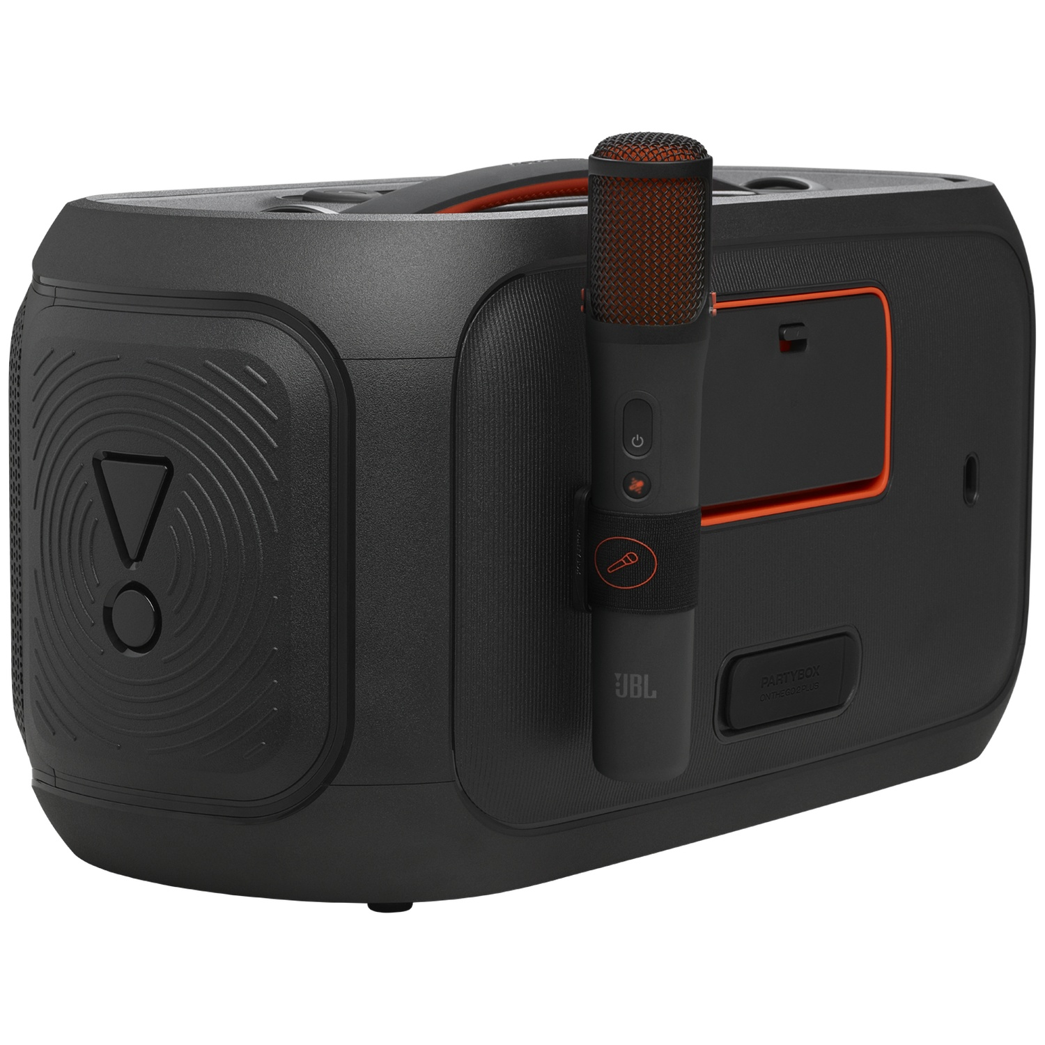 Zwarte JBL PartyBox-luidspreker met oranje accenten en een microfoon. De microfoon heeft een oranje mesh bovenkant.