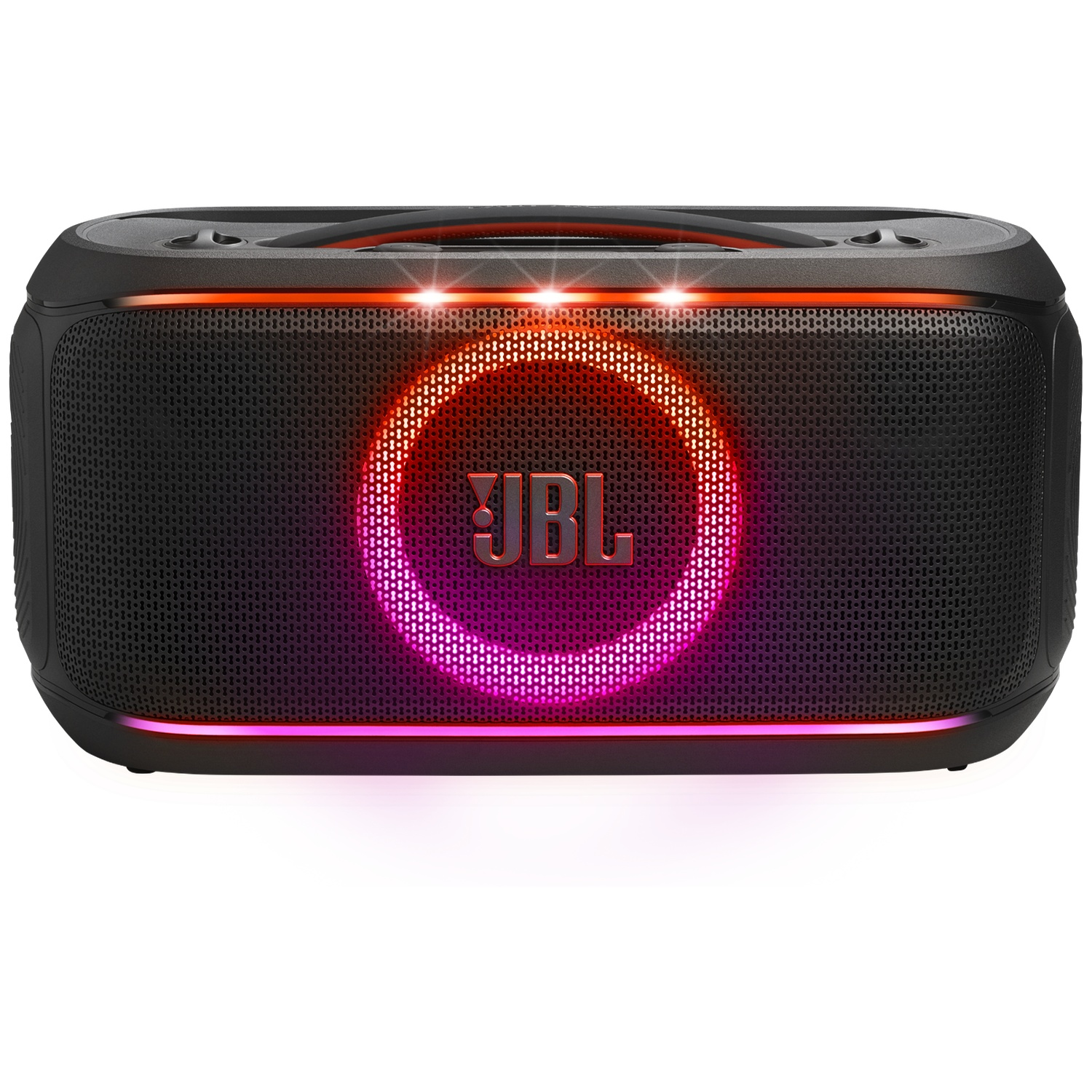 Zwarte JBL-luidspreker met rood-roze lichten. JBL-logo in het midden. Handvat bovenop.