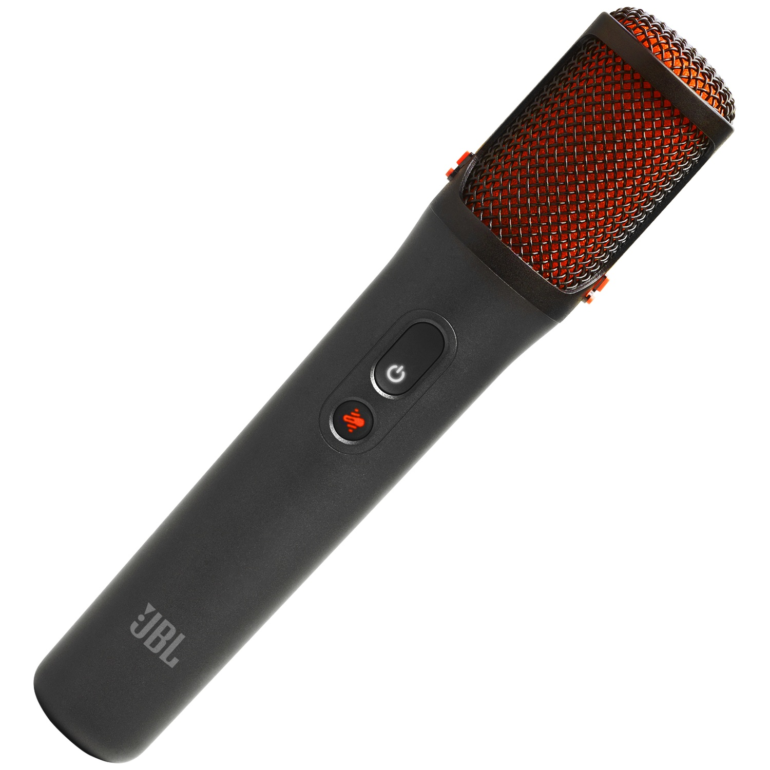 Een zwarte JBL-microfoon met een oranje mesh-bovenkant. Hij heeft twee knoppen en het JBL-logo op de handgreep. Hij staat schuin op een witte achtergrond.
