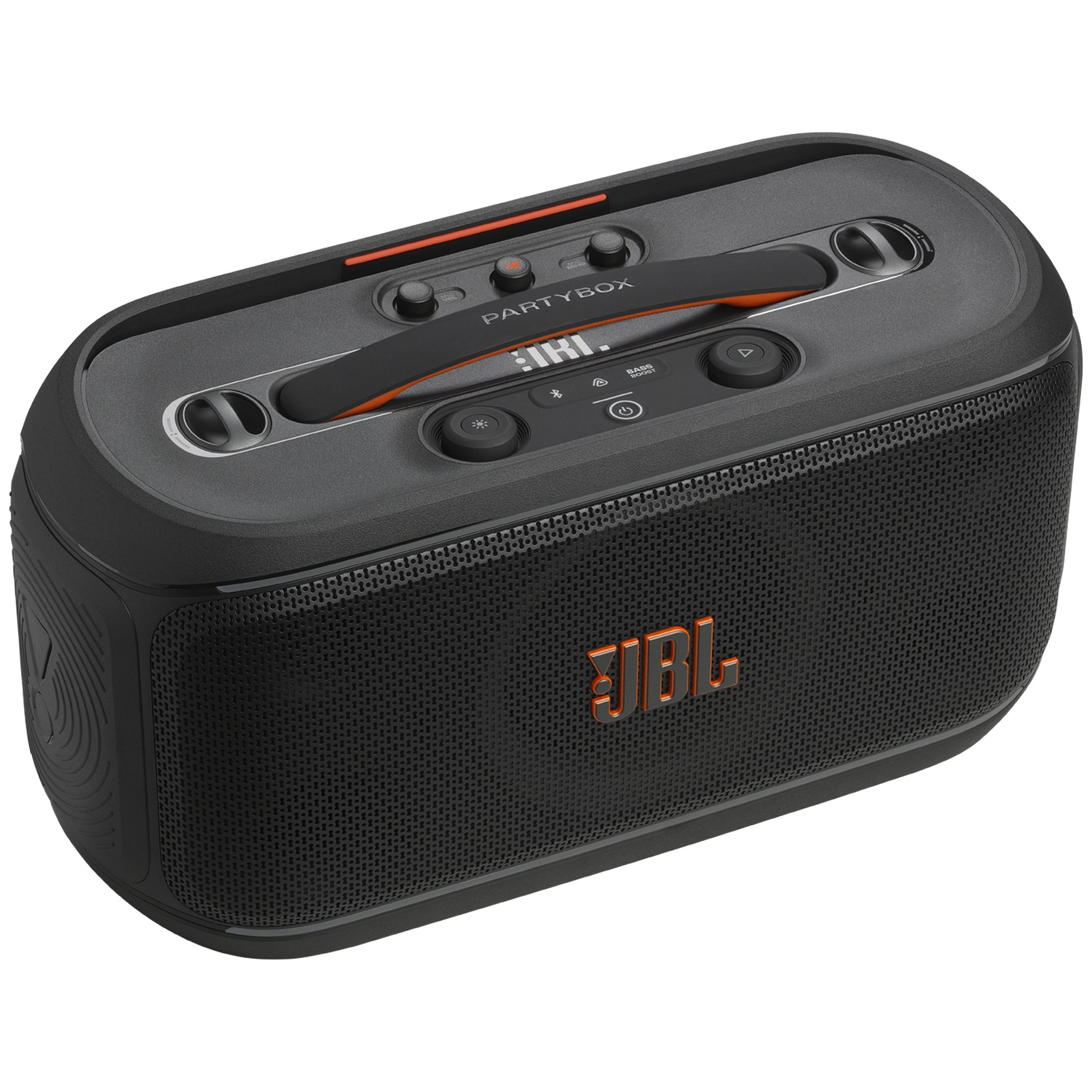 Zwarte JBL PartyBox-luidspreker. Het heeft oranje accenten en een handvat. Het JBL-logo is zichtbaar.
