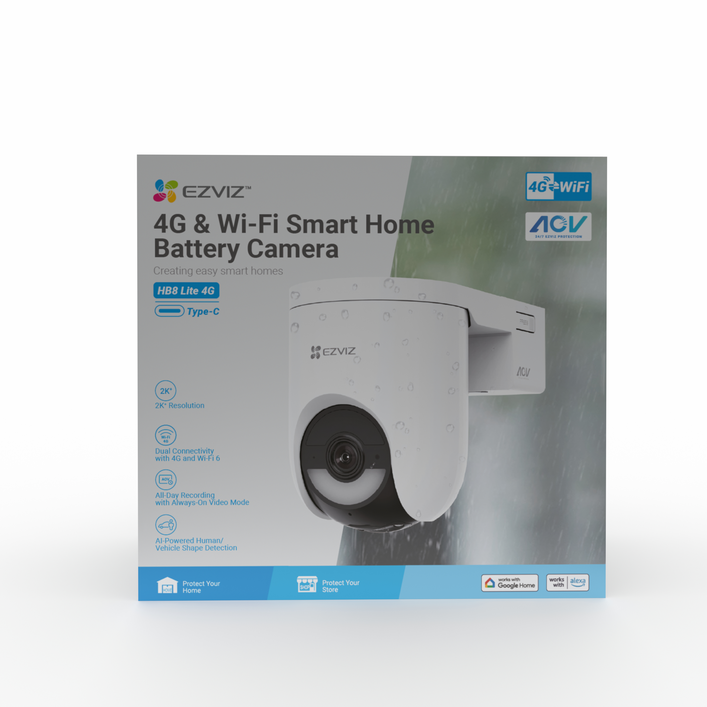 Weiße EZVIZ 4G & Wi-Fi Smart Home Batterie Kamera. Funktionen: 2K+ Auflösung, Dual-Konnektivität und KI-Erkennung.