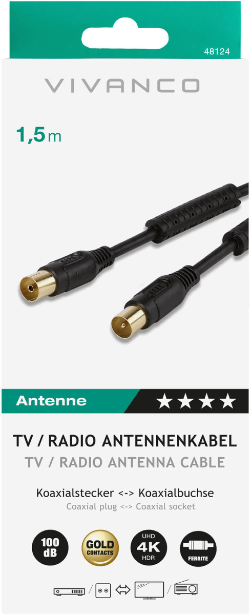 Bild zeigt ein schwarzes Koaxial-Antennenkabel, beschriftet mit '1,5m'. Die Verpackung zeigt Markennamen und Produktdetails.