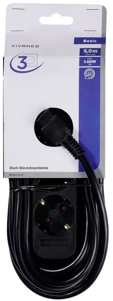 Schwarze Steckdosenleiste mit Stecker. Verpackt auf weißem Karton. Die Verpackung zeigt den Markennamen und die Produktspezifikationen.