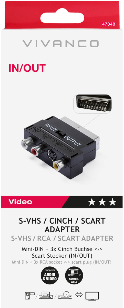Ein Adapter mit Cinch- und SCART-Anschlüssen. Es hat rote, weiße und gelbe Eingänge. Der Markenname und Produktinformationen sind sichtbar.