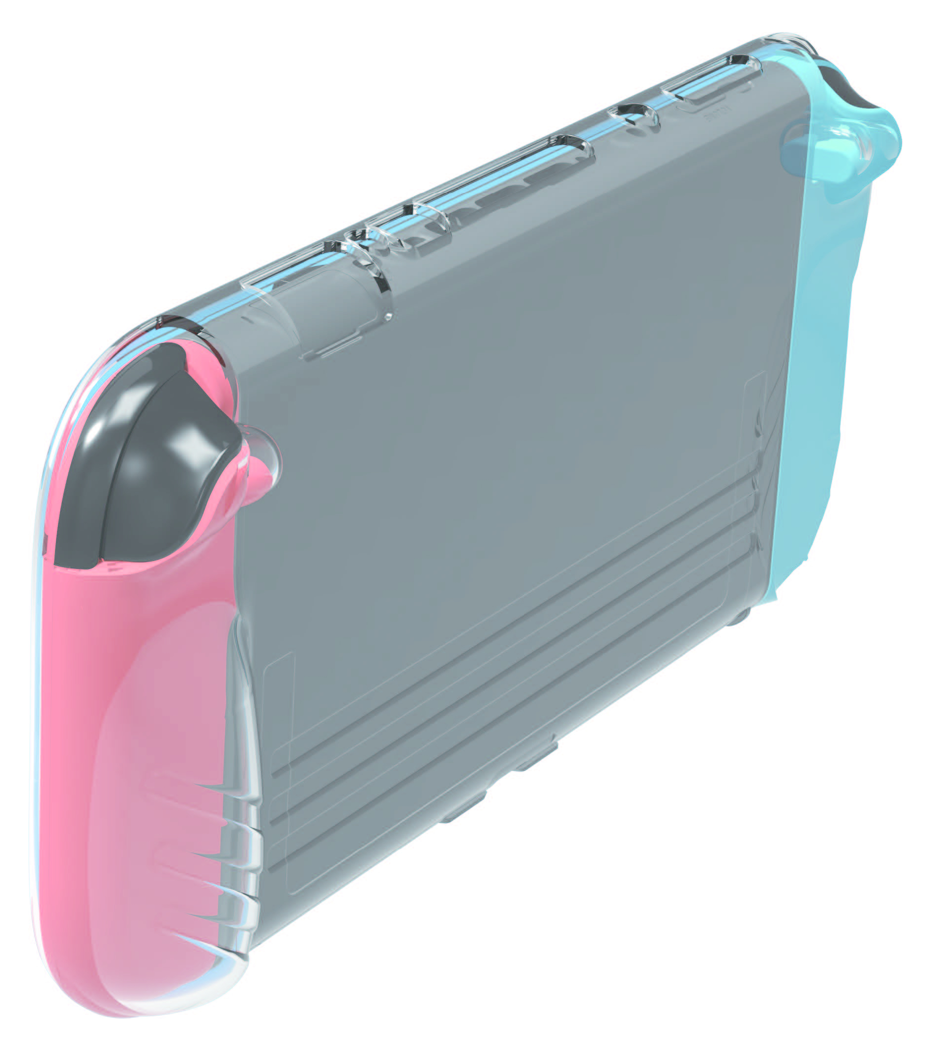 Przezroczyste etui na Switch z różowymi i niebieskimi akcentami. Design jest przezroczysty z szarą środkową częścią.
