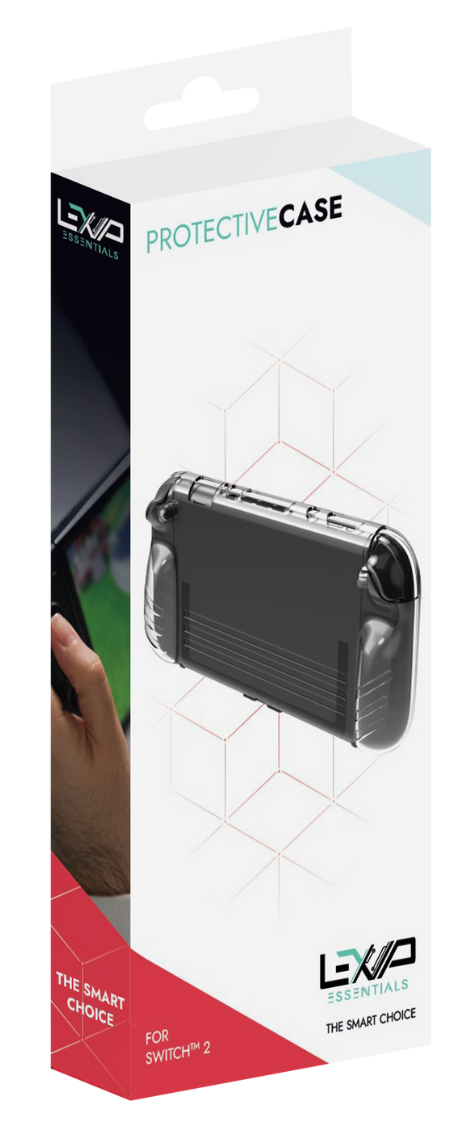 Białe pudełko z etui ochronnym na Switch 2. Pudełko ma logo Lexip Essentials. Dłoń trzymająca Switch jest po lewej stronie.