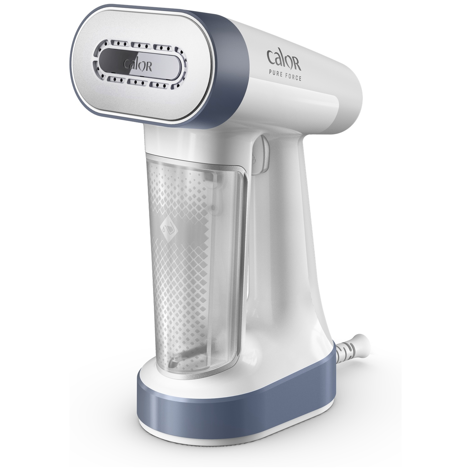 A white and blue Calor Pure Force garment steamer on a white background. It has a transparent water tank and the Calor logo.