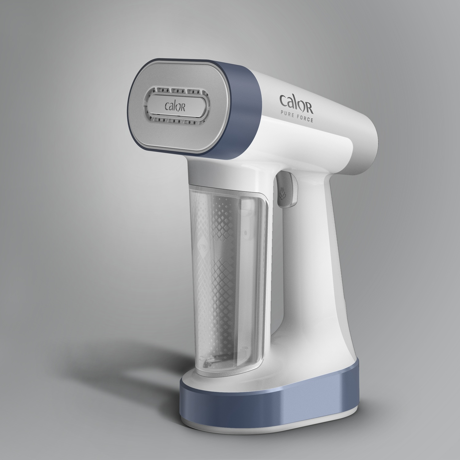 A white and blue handheld fabric steamer. It has a transparent water tank and the brand name 'Calor' is visible.