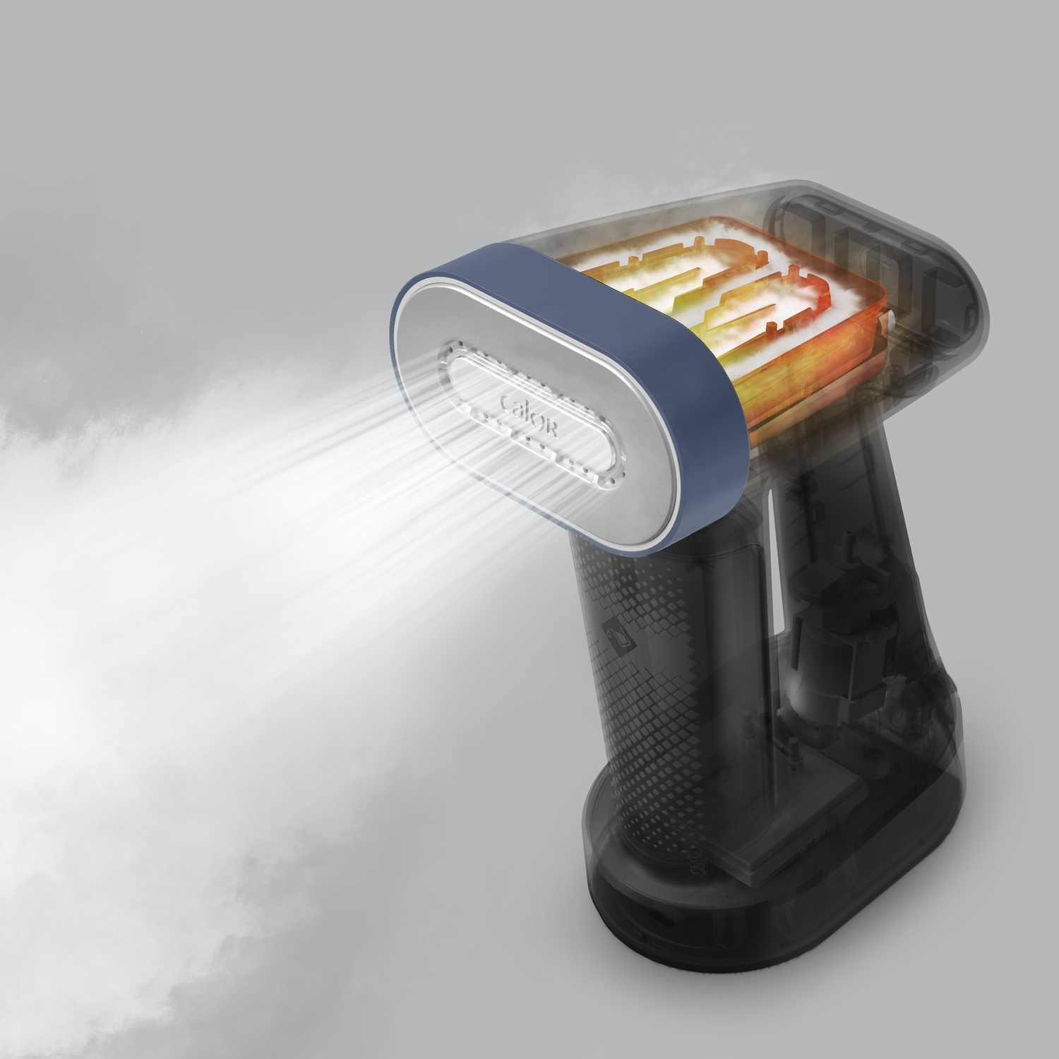 A transparent handheld steamer with steam emitting. The internal components are visible, showcasing the heating element and water reservoir.
