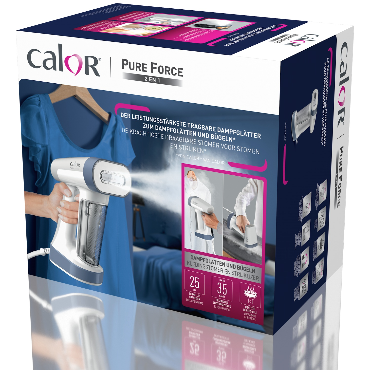 Box of a Calor Pure Force steamer. The box shows the product in use, with text in multiple languages.
