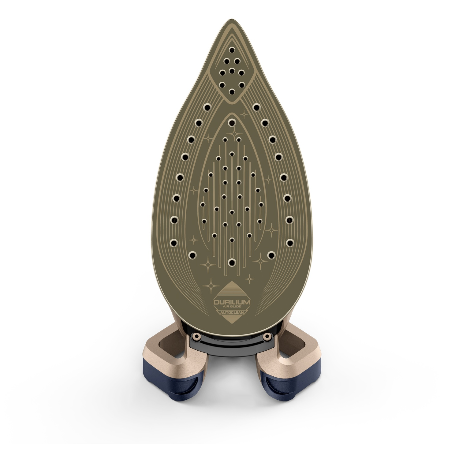 An iron with a beige and blue base. The iron's soleplate is olive green with numerous holes and a logo. White background.