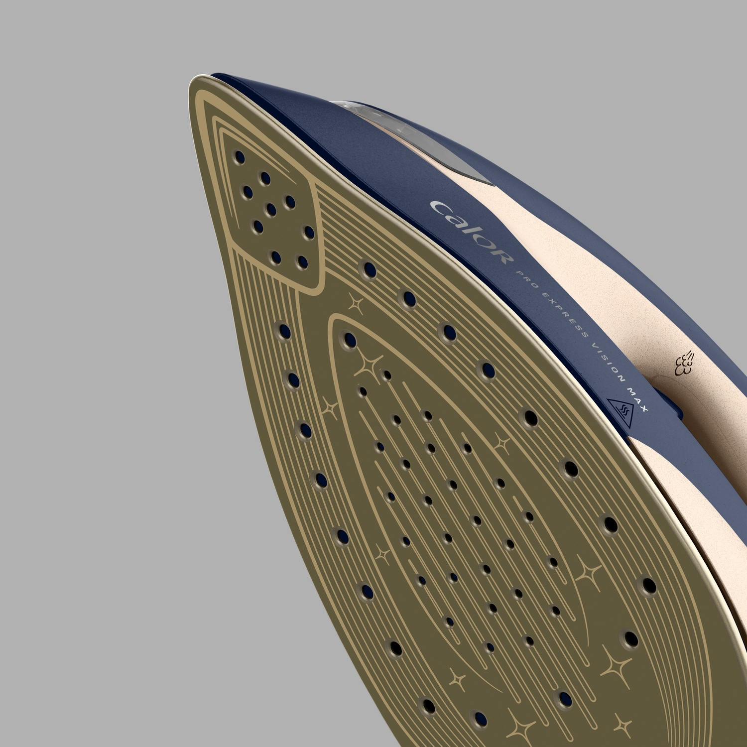 Close-up of an iron. The iron is navy blue and gold. The iron's soleplate has holes and a star pattern.