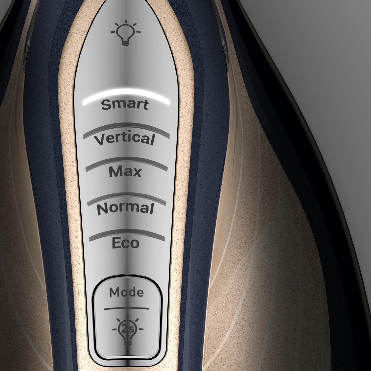 Close-up of an iron control panel. 'Smart' mode is highlighted. Other modes include 'Vertical', 'Max', 'Normal', and 'Eco'.