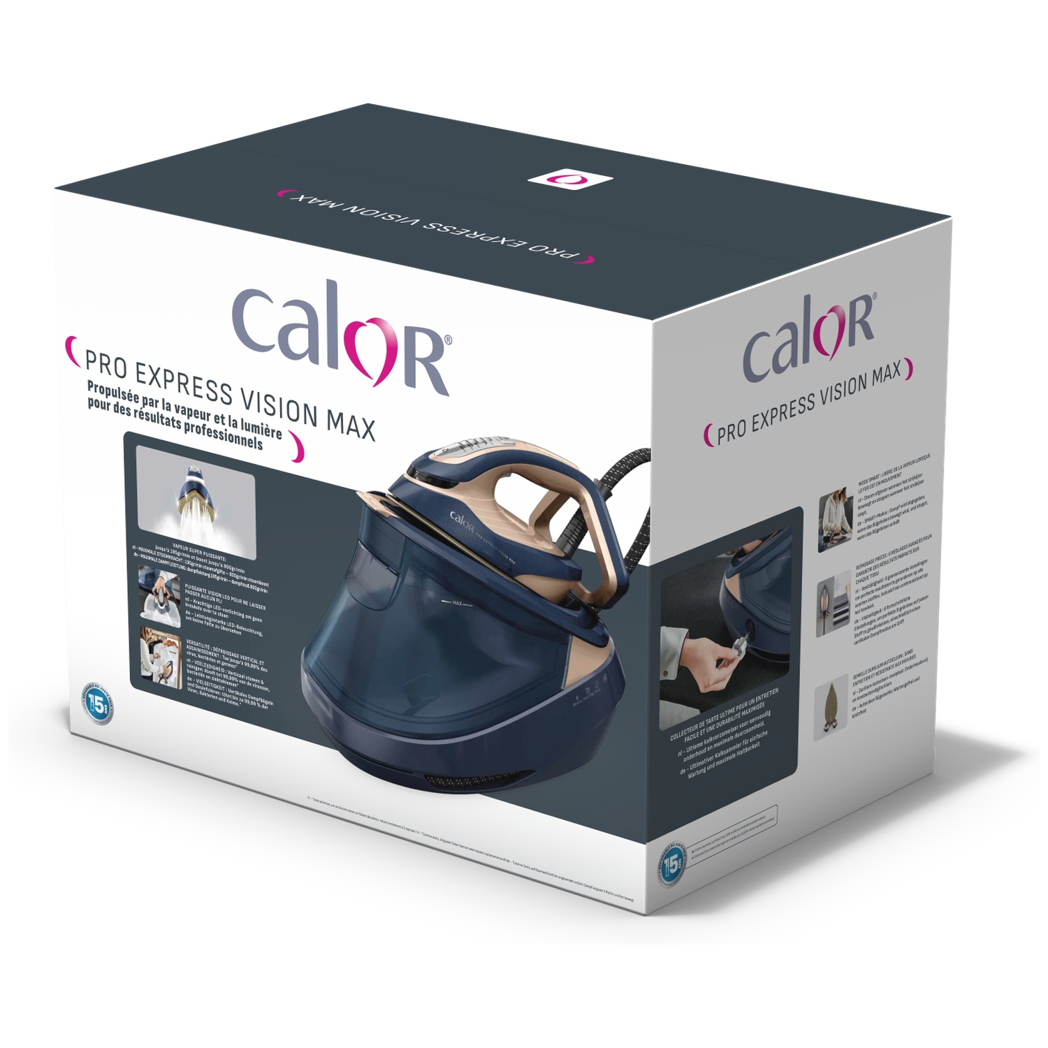 A box with a steam iron, Calor brand, and product details. Blue and gold iron on a white background.