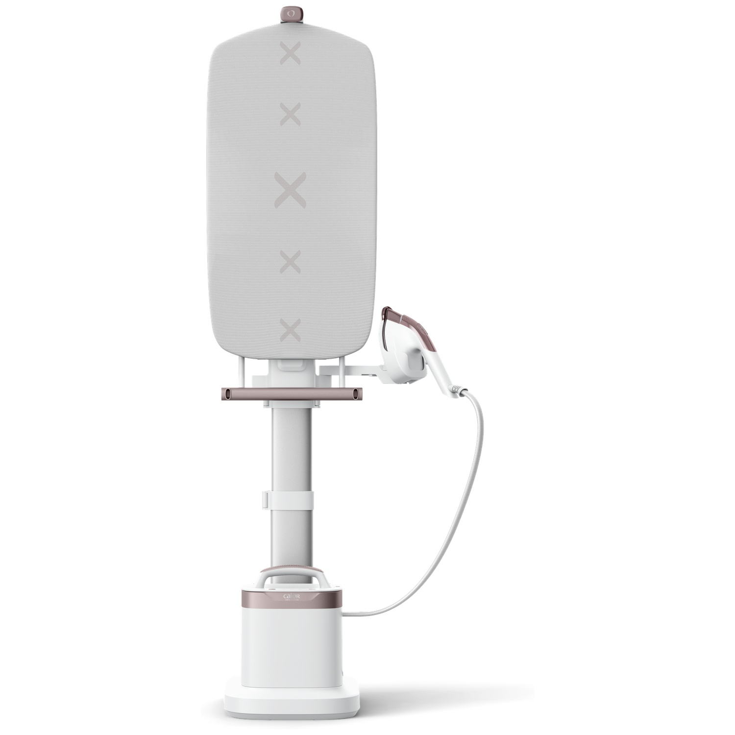 A white and rose gold garment steamer. It has a large ironing surface with 'X' marks, a handle, and a base. A white cable is attached.