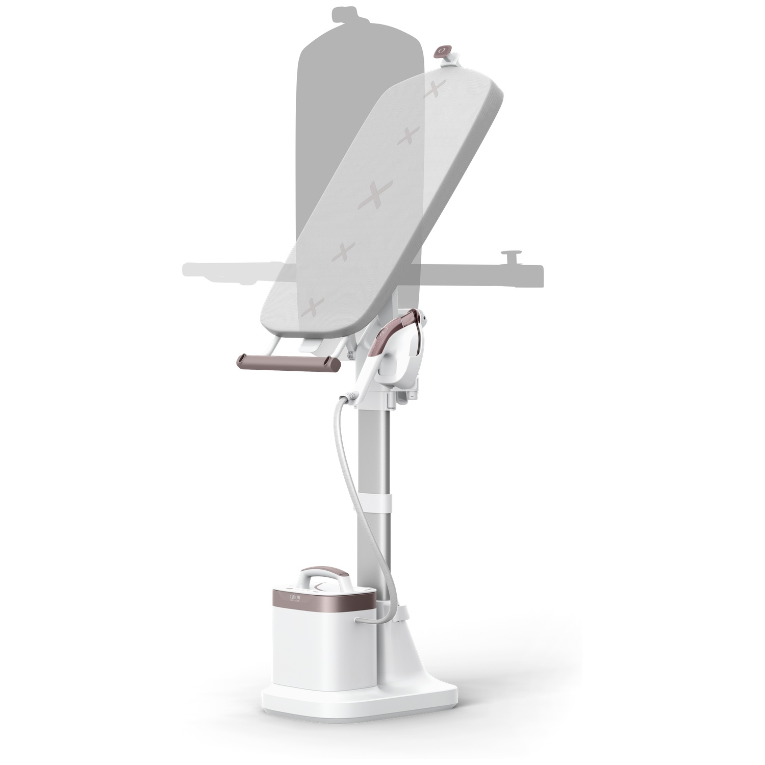 A white and rose gold garment steamer. It has an ironing board, a water tank, and a handle for steaming clothes.