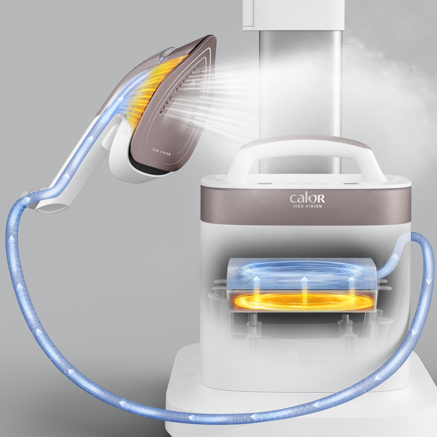 An iron with steam effect, showing the internal workings. Steam flows through a blue tube. The iron is branded Calor IXEO VISION.