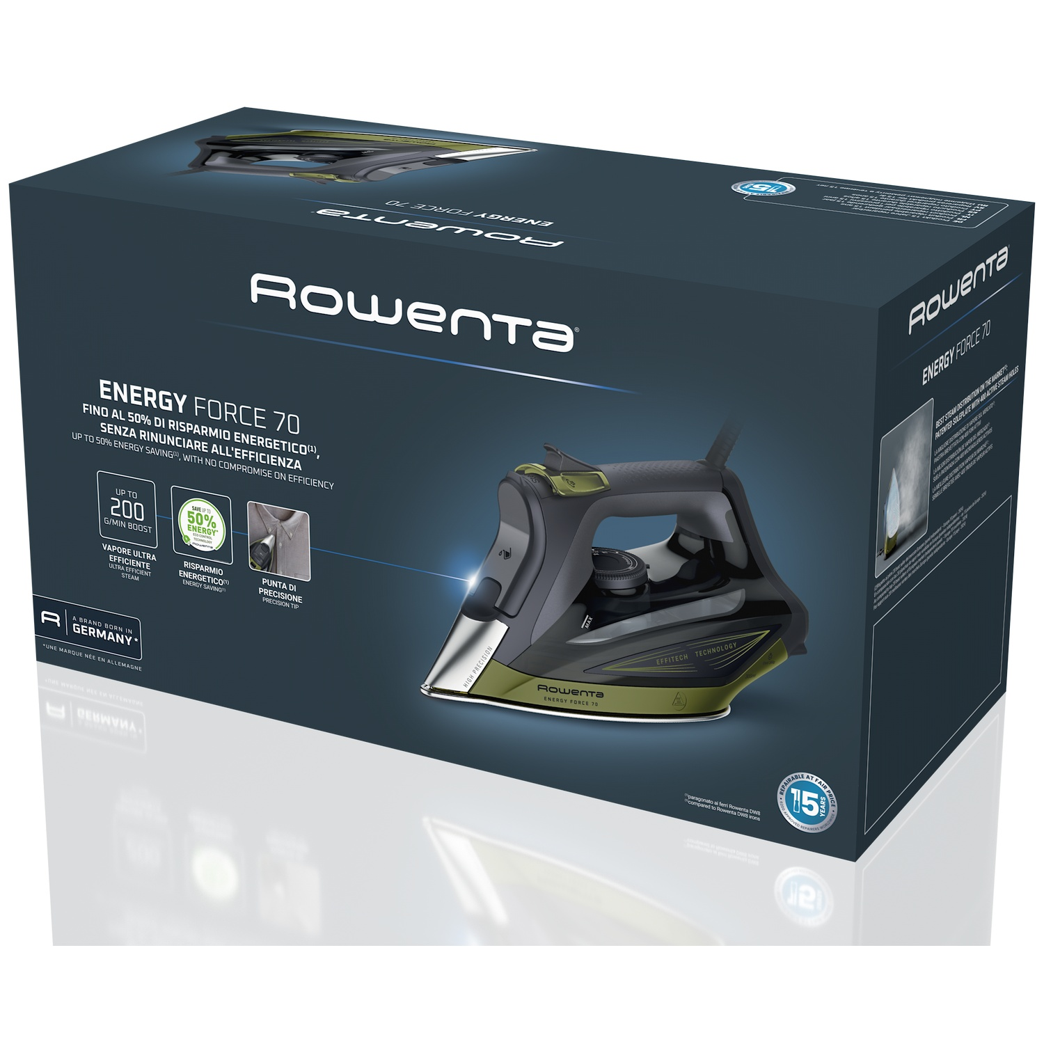 Boîte de fer à repasser Rowenta Energy Force 70. Le fer est noir et vert. La boîte a du texte et une image du fer.