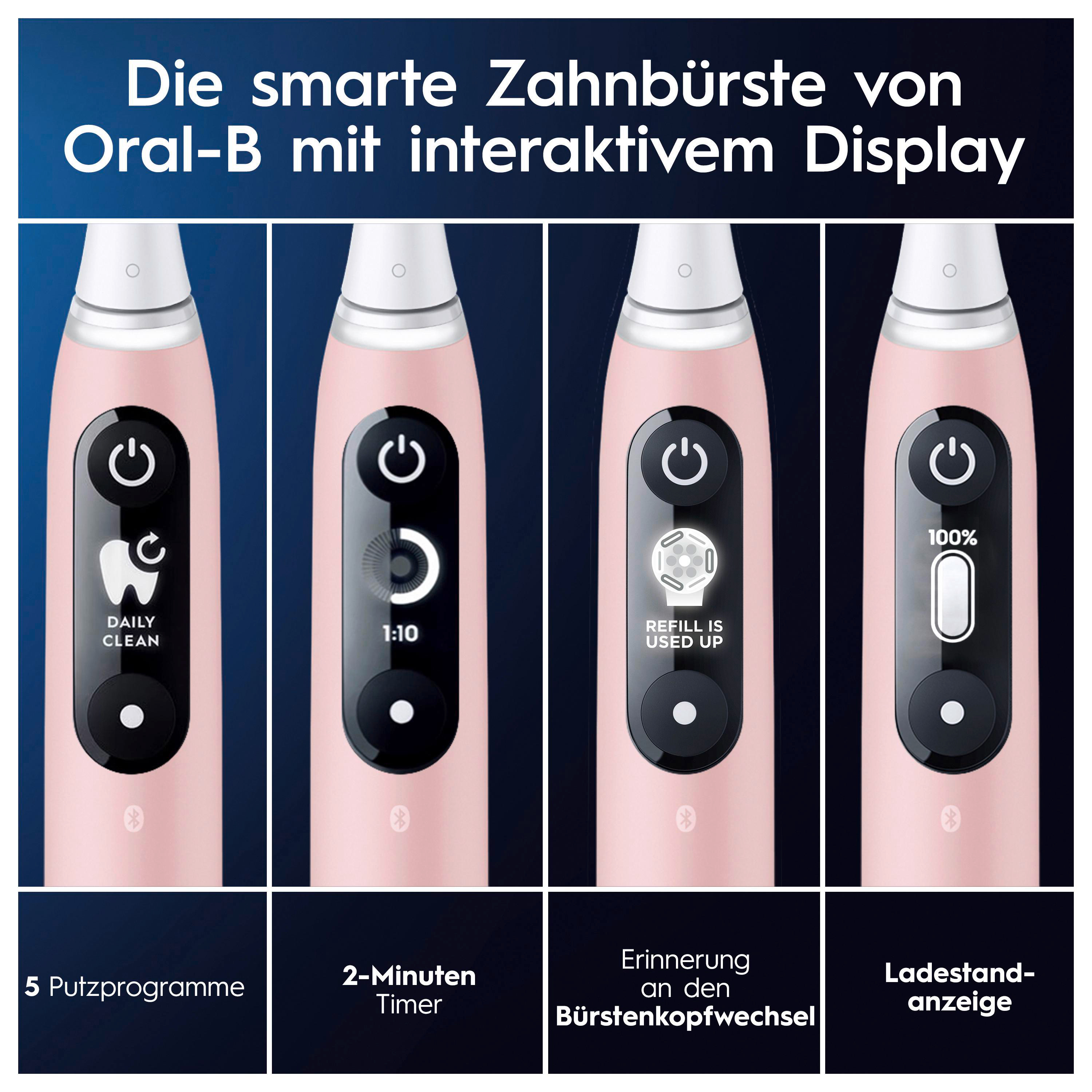 Pinke elektrische Zahnbürste von Oral-B mit Display für Reinigungsmodi, Timer, Nachfüllstatus und Akkuladung.