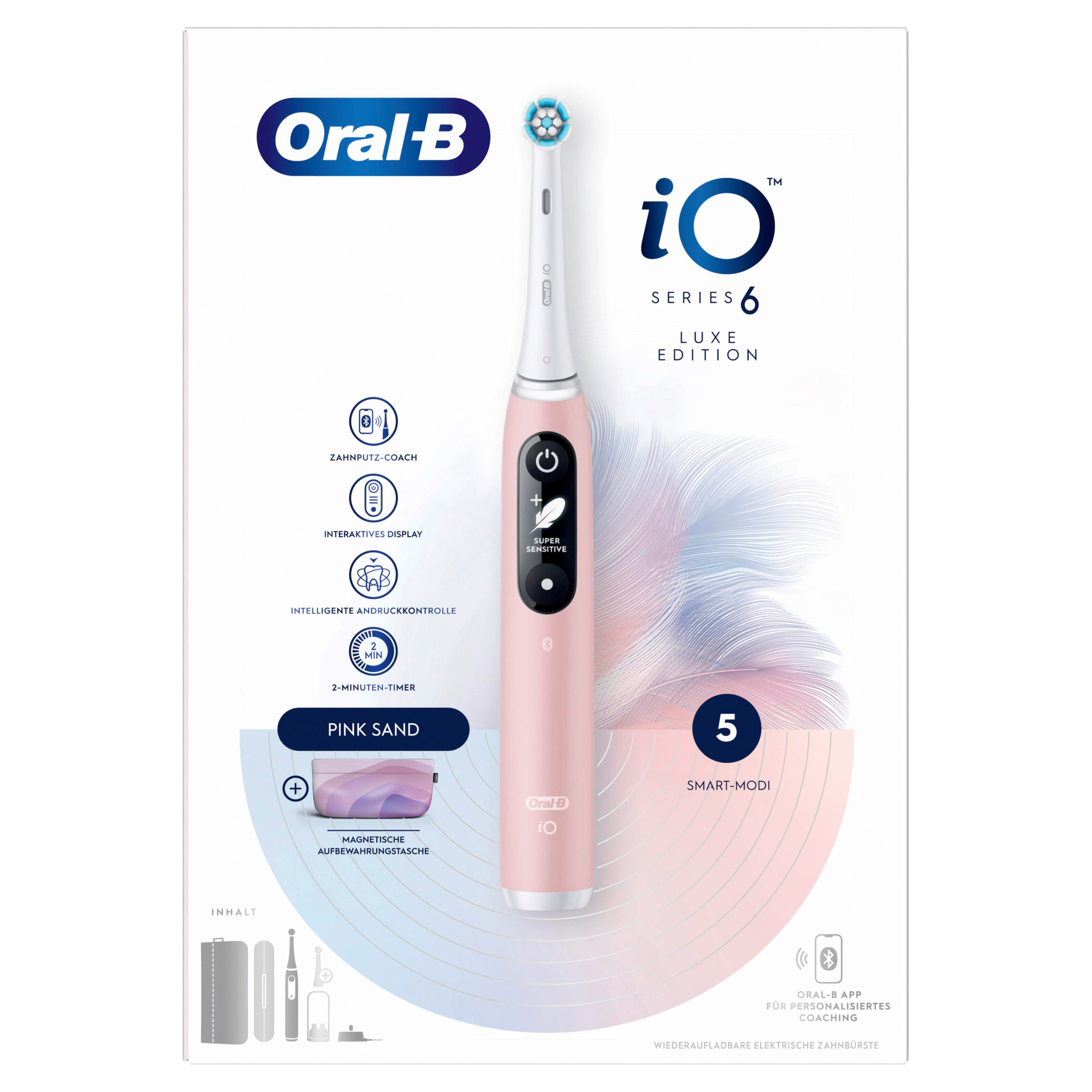 Pinke elektrische Zahnbürste Oral-B iO Series 6 Luxe Edition mit Funktionen. Enthält Bürstenkopf, Lade- und Reiseetui.