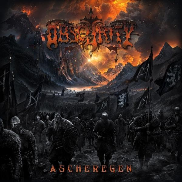 Eine epische Kampfszene mit Kriegern, die auf Berge zumarschieren. Flaggen und ein feuriger Himmel dominieren den Hintergrund. Oben steht das Wort 'Obscurity'.