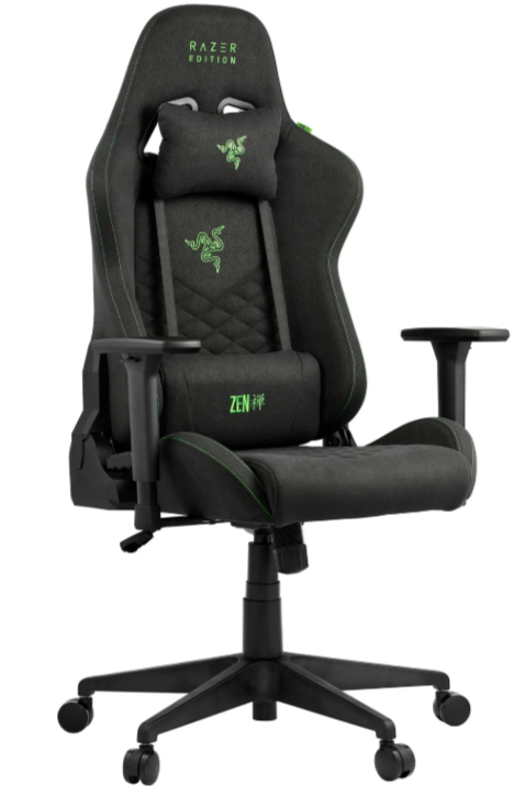 Schwarzer Razer Edition Gaming-Stuhl. Mit grünen Akzenten, Logo und Nähten. Mit Kopf- und Lendenwirbelstütze. Er steht auf einer rollenden Basis.