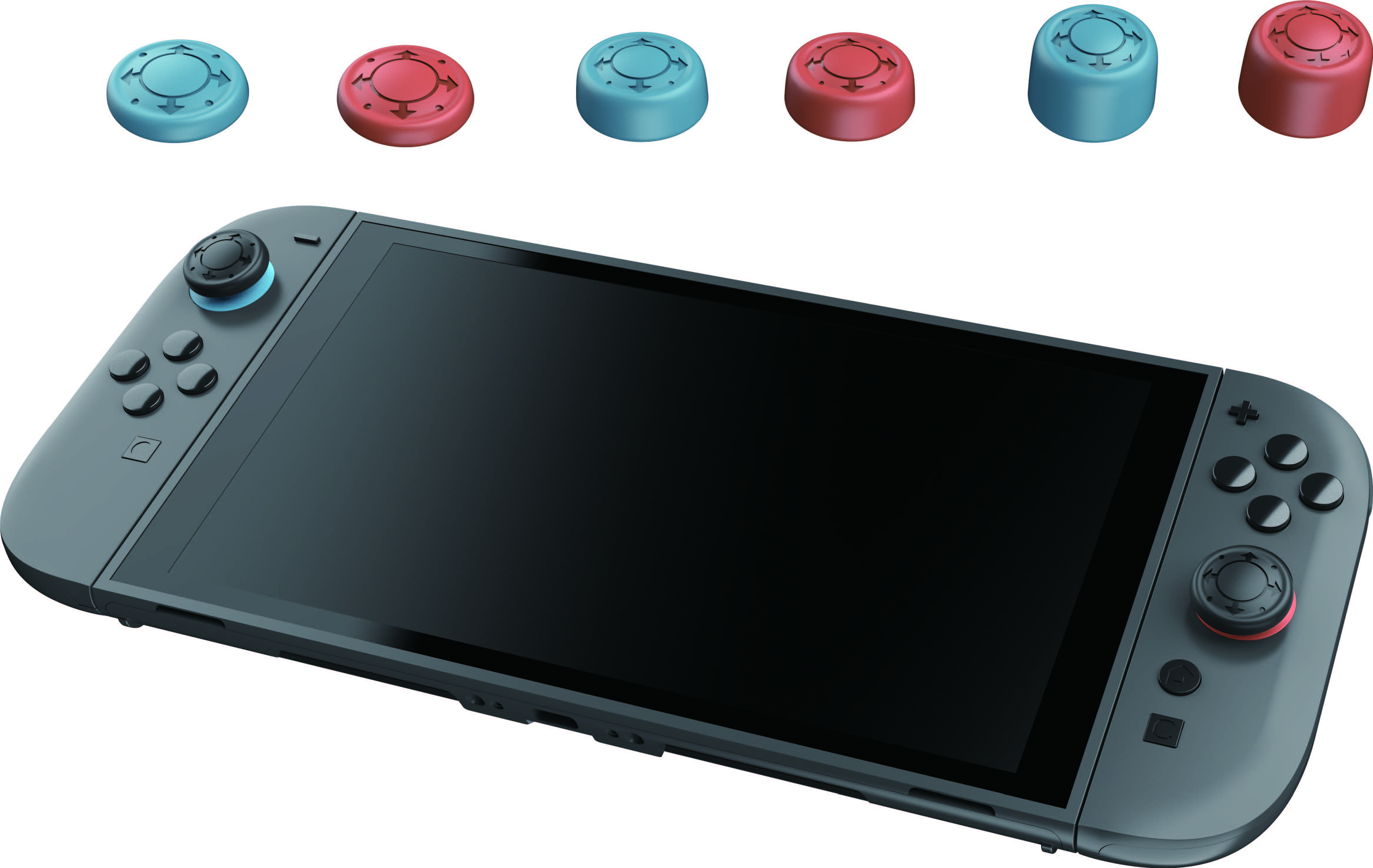 Szara konsola Nintendo Switch z odłączonymi kontrolerami i kolorowymi nakładkami na joysticki.