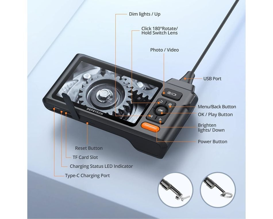Egy fekete DEPSTECH eszköz fogaskerekeket mutató képernyővel. A tompítás, a forgatás, a fotó és a menü gombjai fel vannak tüntetve.