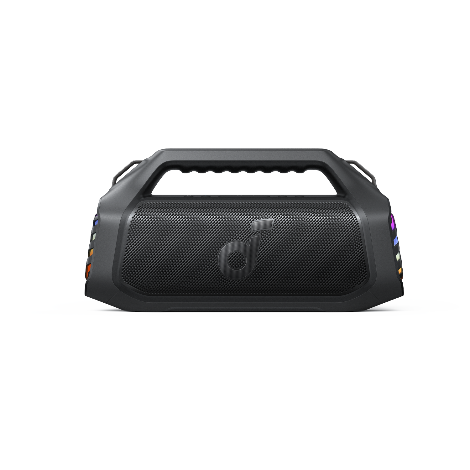 Een zwarte Anker-luidspreker met een handvat. De luidspreker heeft een mesh-voorkant en lichten aan de zijkanten. Het staat op een witte achtergrond.