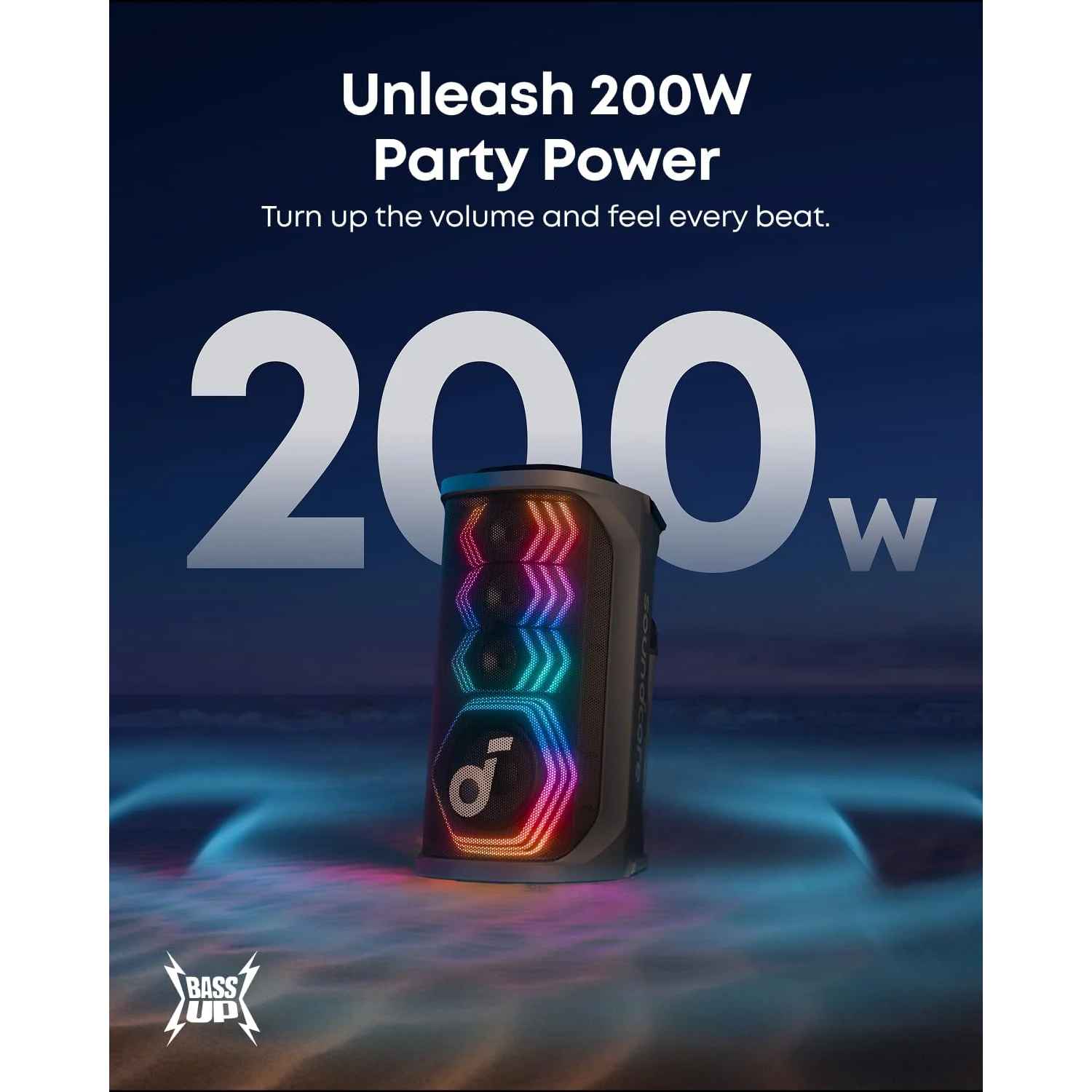 Een zwarte luidspreker met kleurrijke lichten voor een blauwe achtergrond. Tekst: Unleash 200W Party Power, met groot '200W'.