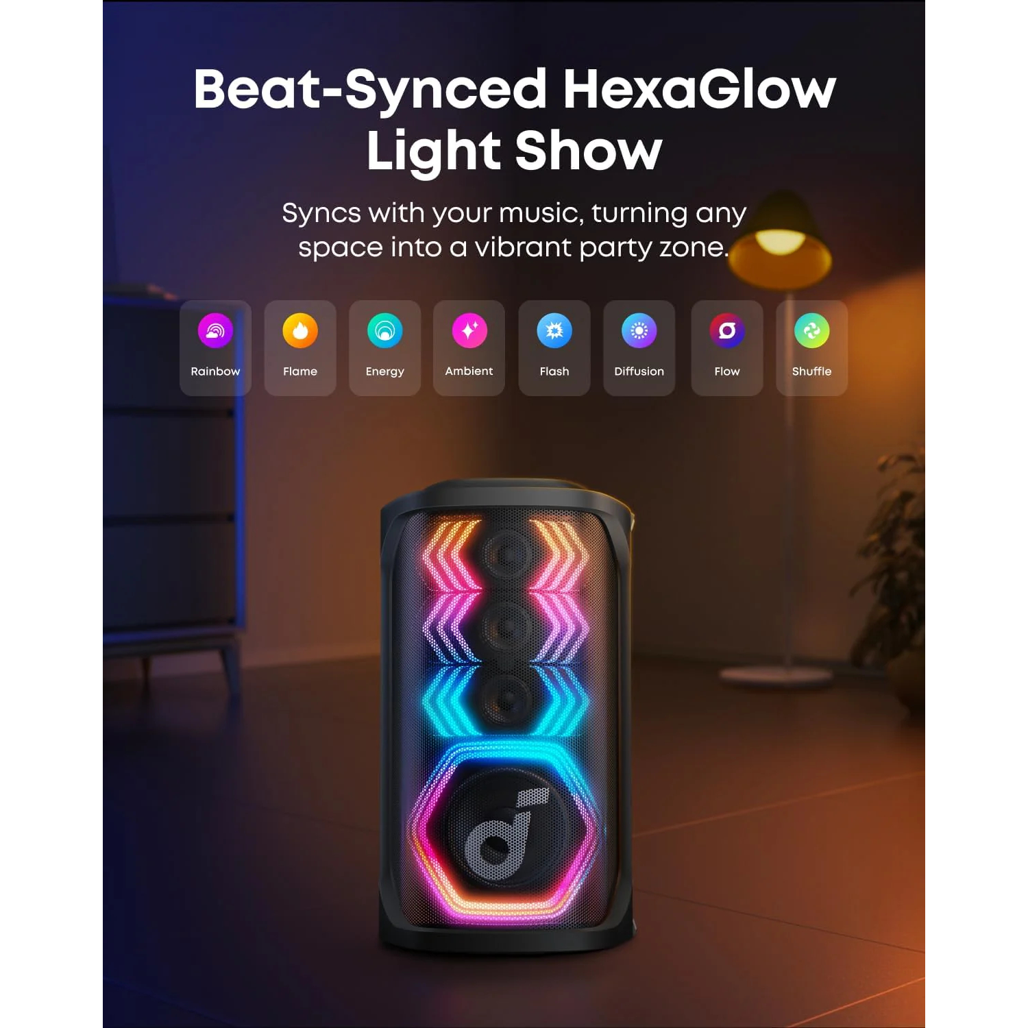 Een zwarte luidspreker met kleurrijke lichten. Het heeft een zeshoekig ontwerp, met opties als regenboog, vlam en flits. De tekst zegt 'HexaGlow'.