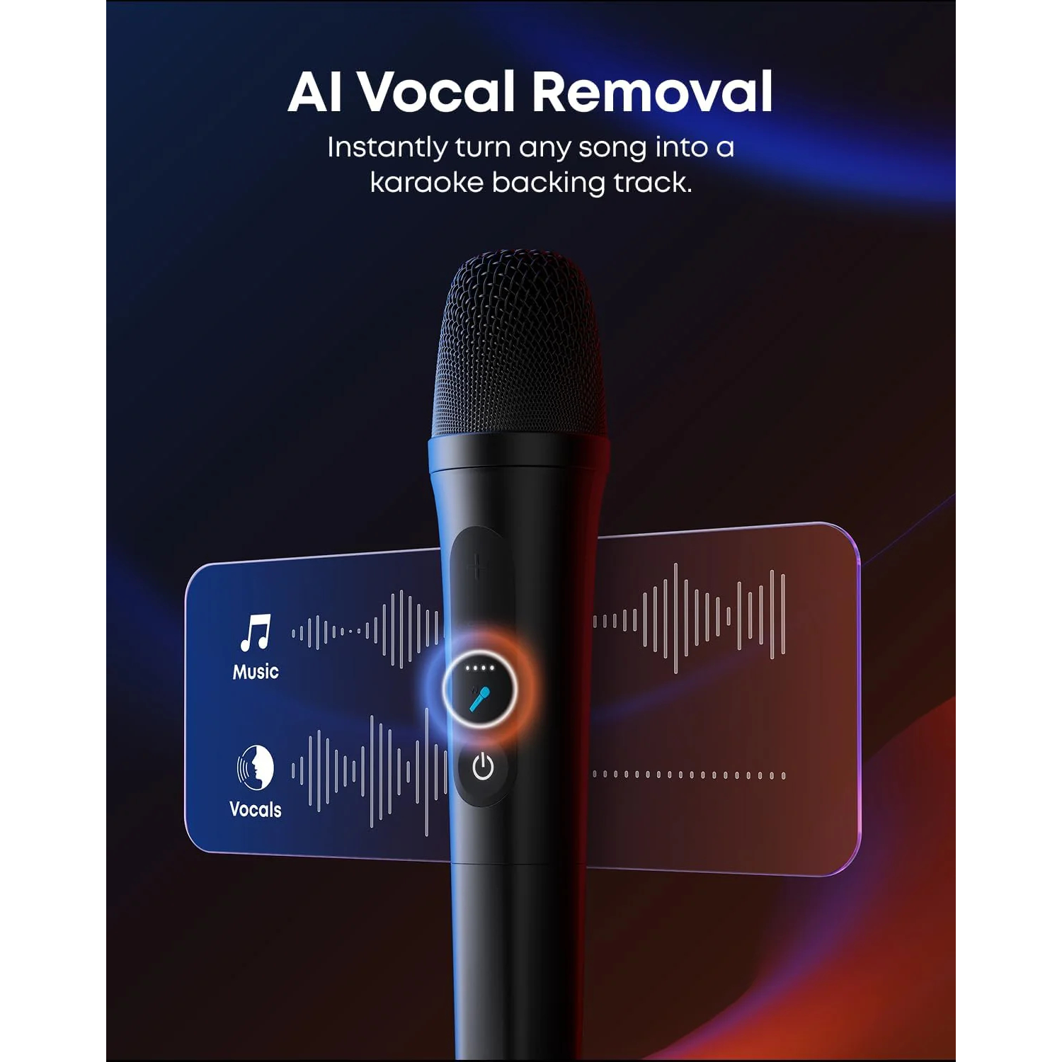 Zwarte microfoon met een scherm dat golfvormen van muziek en zang laat zien. Tekst luidt 'AI Vocal Removal'.