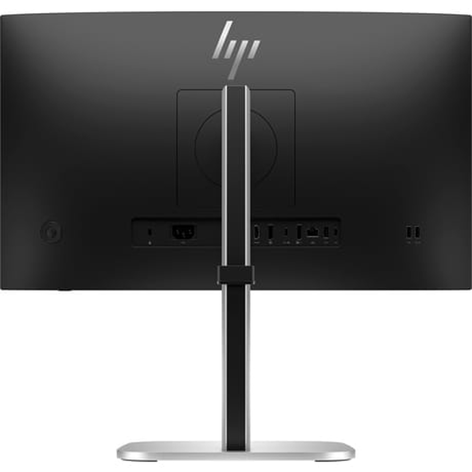 The back of a black HP monitor is shown. It has a silver stand and ports. The HP logo is at the top.