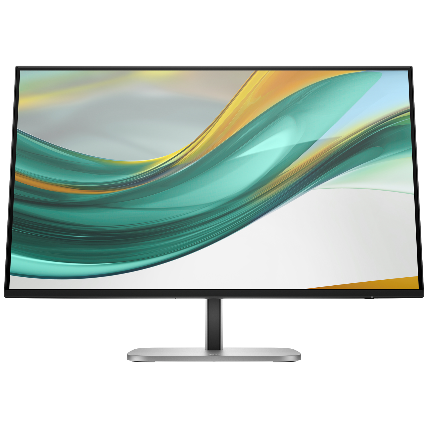 Een computermonitor met een zwart frame en een zilveren standaard. Het scherm toont een kleurrijk, abstract golvend ontwerp.