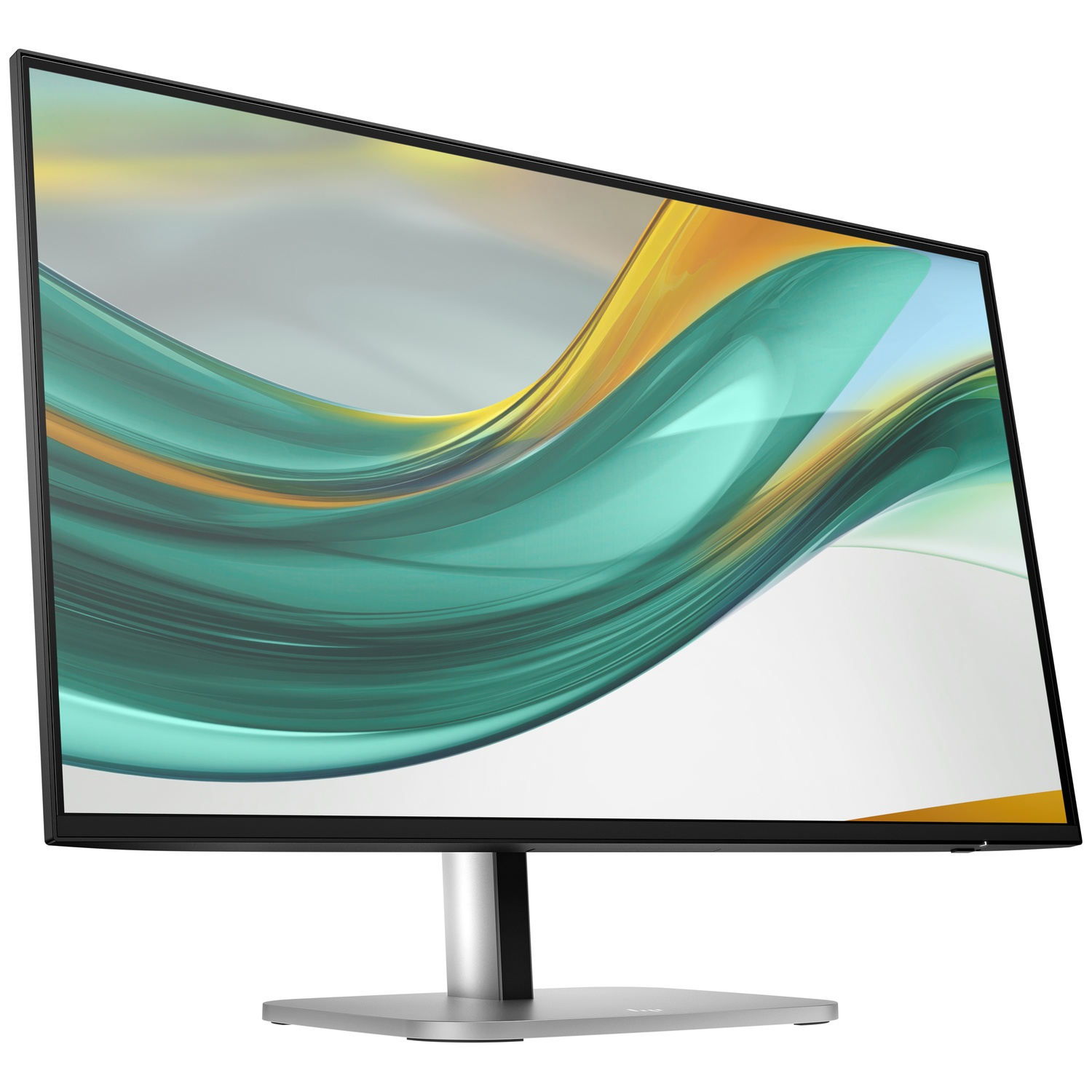 Een computermonitor met een zwart frame en zilveren standaard. Het scherm toont een kleurrijk, abstract golfpatroon.