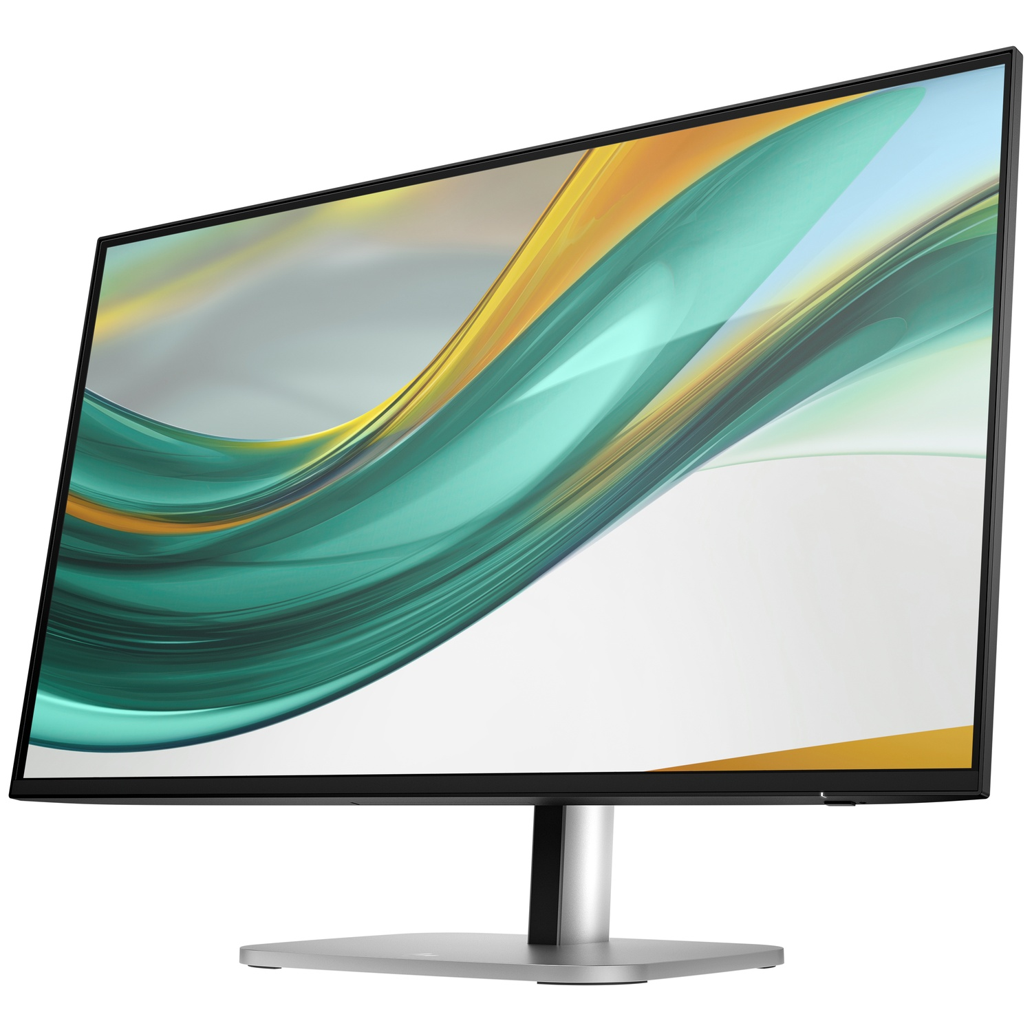 Een computermonitor toont een kleurrijke abstracte afbeelding. De monitor heeft een zwart frame, een zilveren standaard en is iets gekanteld.