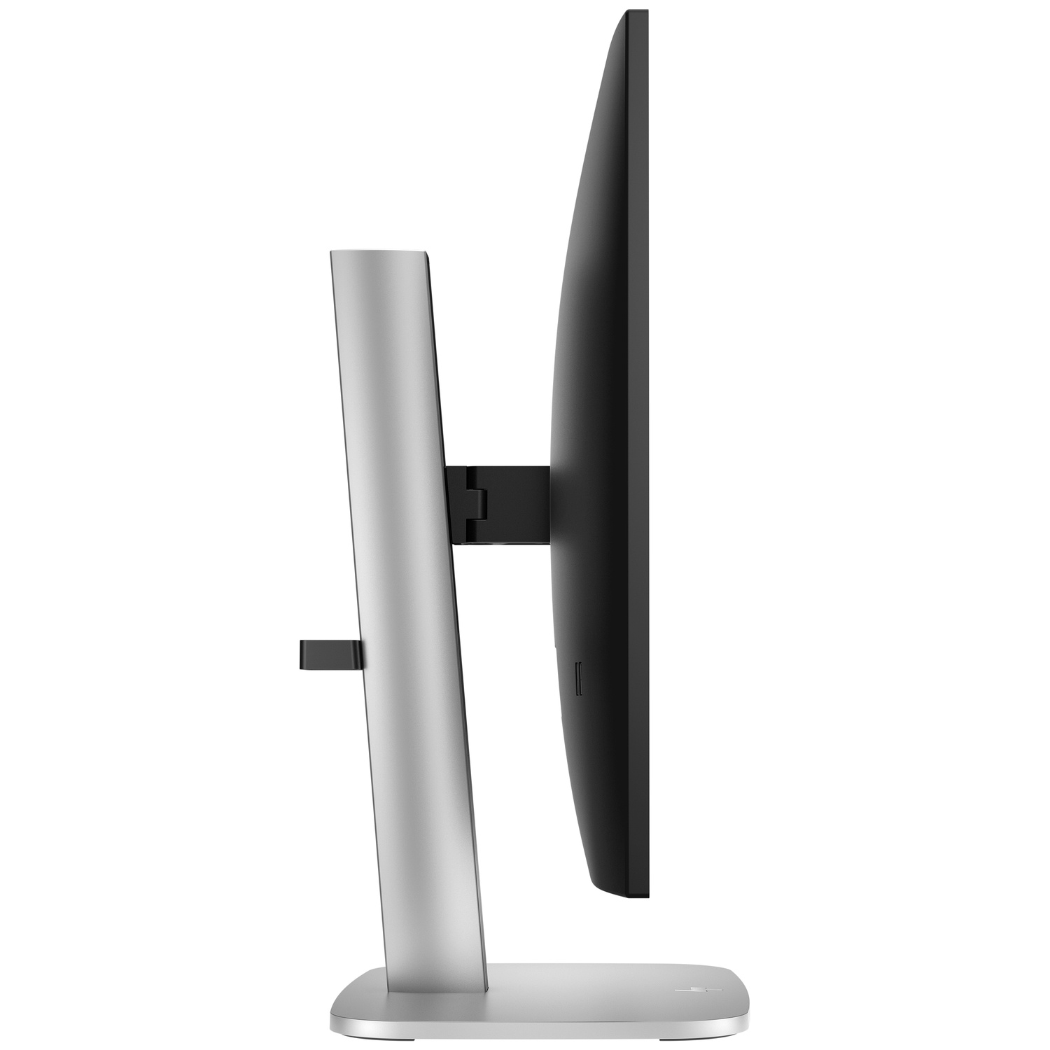 Zijaanzicht van een computermonitor. Het scherm is zwart, met een zilveren standaard. De standaard heeft een brede basis en een verticale steun.