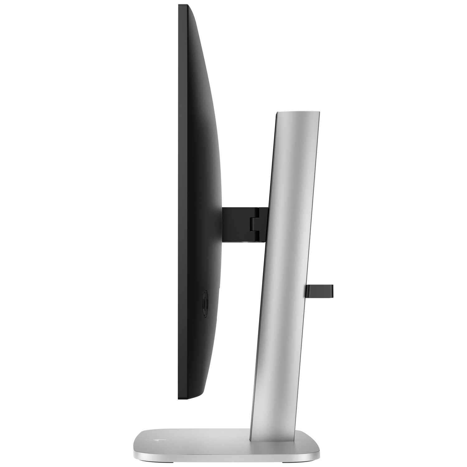 Zijaanzicht van een computermonitor. Zwart scherm en frame, zilveren standaard. De monitor staat rechtop. Witte achtergrond.