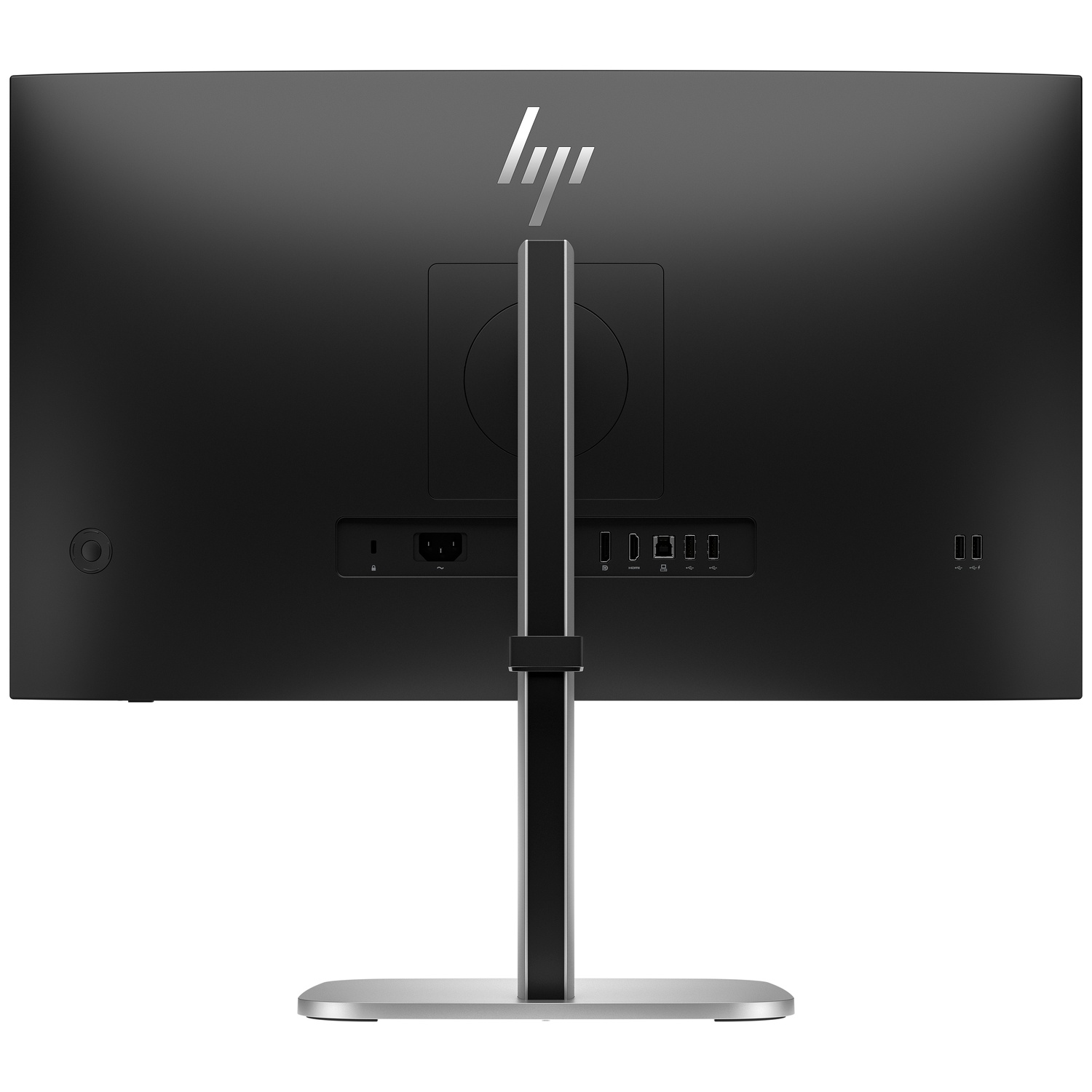 De achterkant van een zwarte HP-monitor. Het heeft een zilveren standaard en poorten voor verschillende aansluitingen. Het HP-logo is zichtbaar.