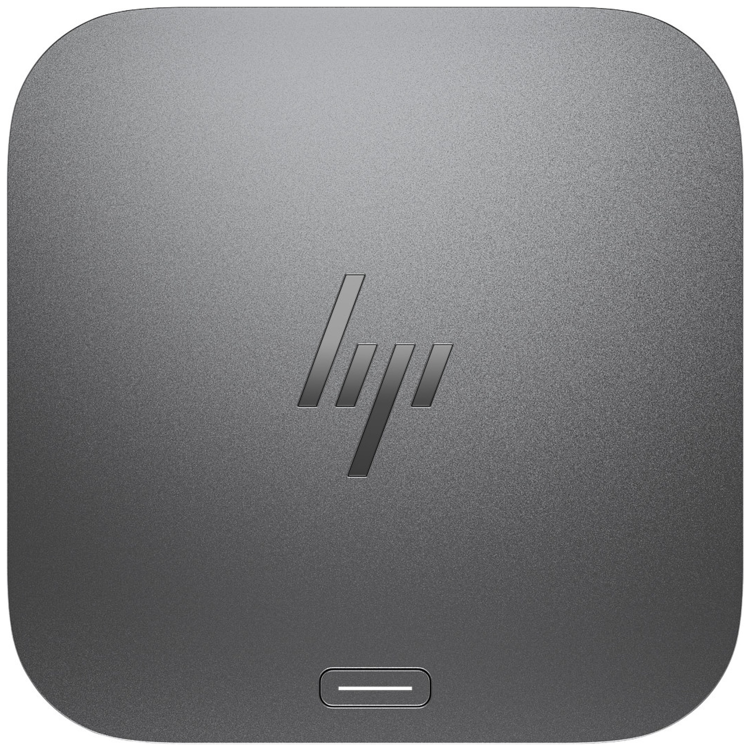 Een donkergrijs vierkant apparaat met afgeronde hoeken. Het HP-logo is in reliëf op de bovenkant. Een kleine sleuf zit aan de onderkant.