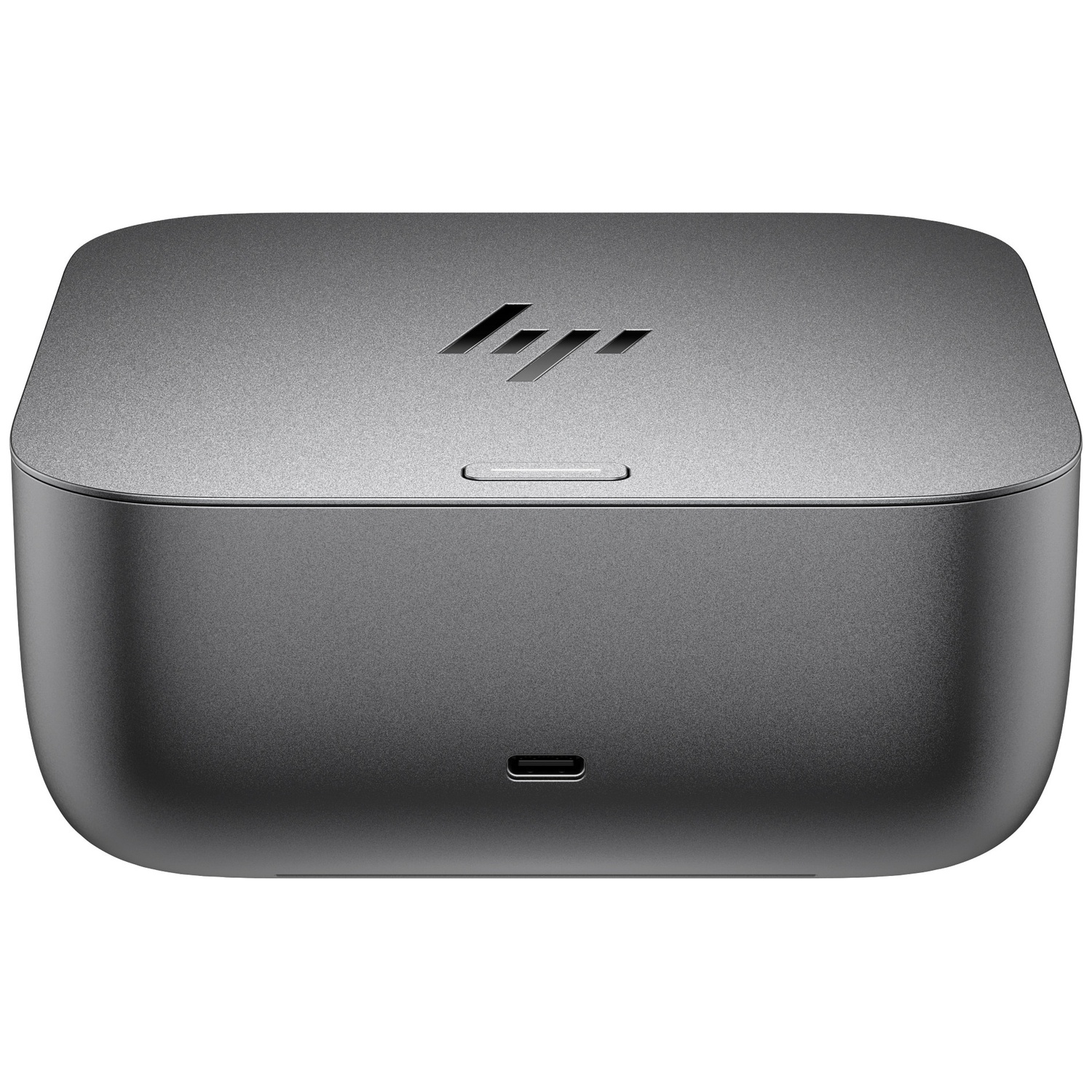 Een donkergrijze HP docking station. Het heeft afgeronde hoeken, een USB-C-poort en het HP-logo.