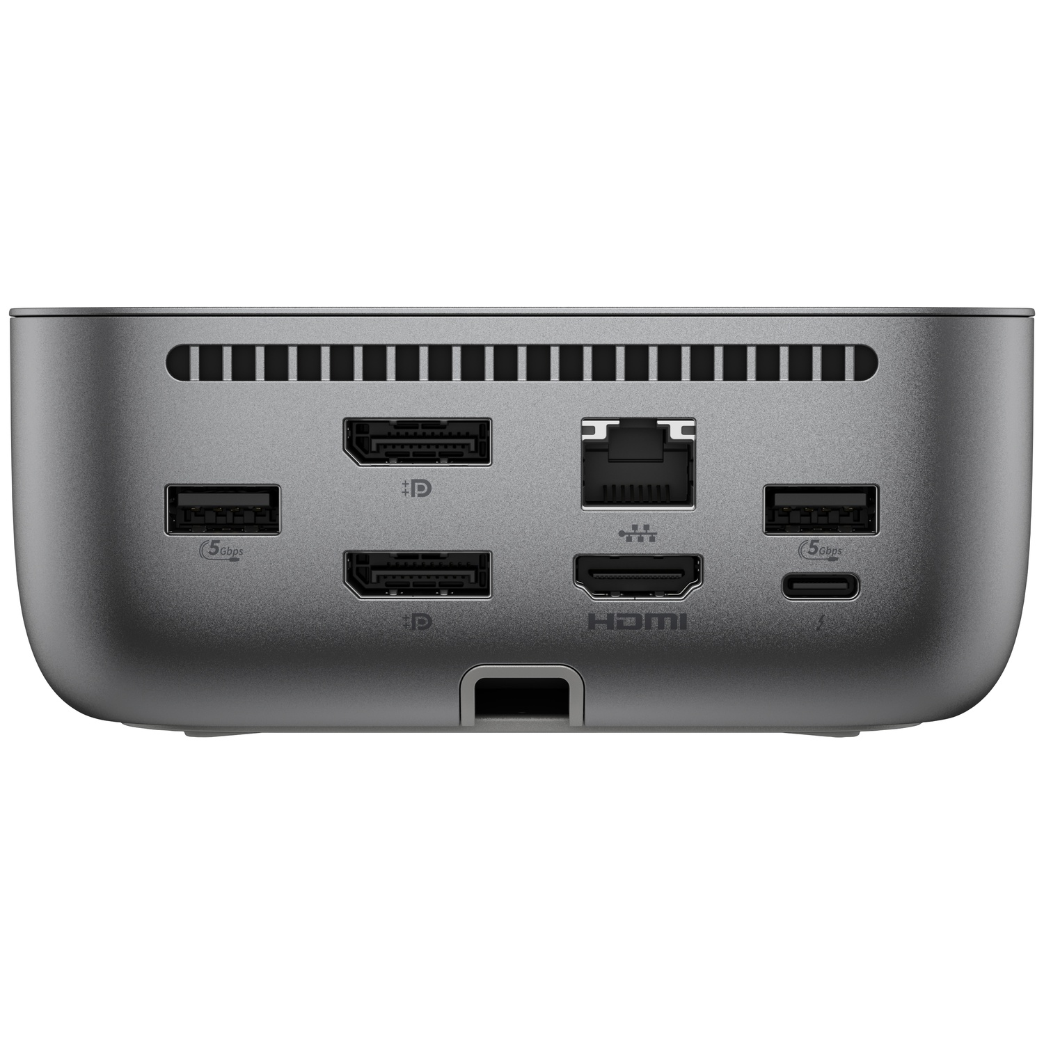 Een zilveren computerhub met meerdere poorten: HDMI, USB en Ethernet. Het heeft een afgerond ontwerp met ventilatiesleuven aan de bovenkant.