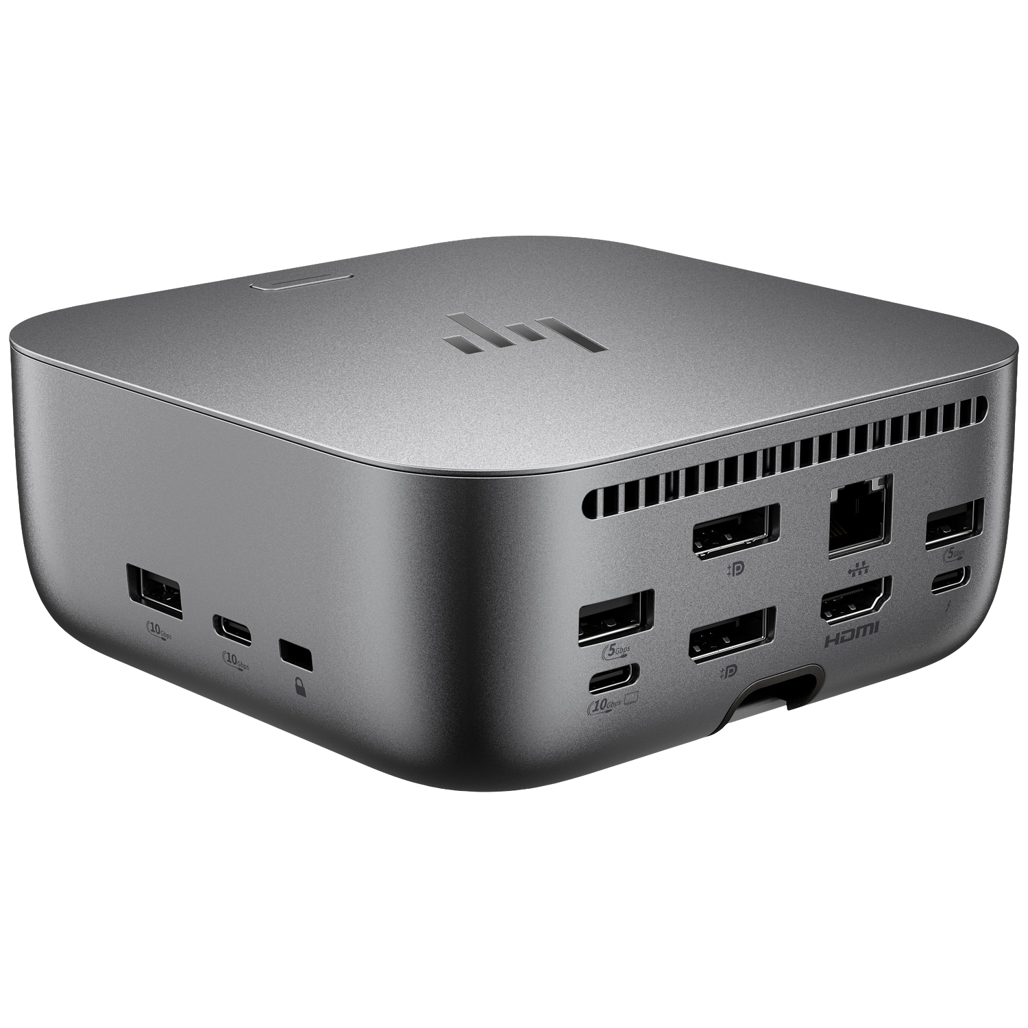 Een grijze HP docking station met meerdere poorten. Het heeft HDMI, USB en Ethernet poorten, met het HP logo aan de bovenkant.