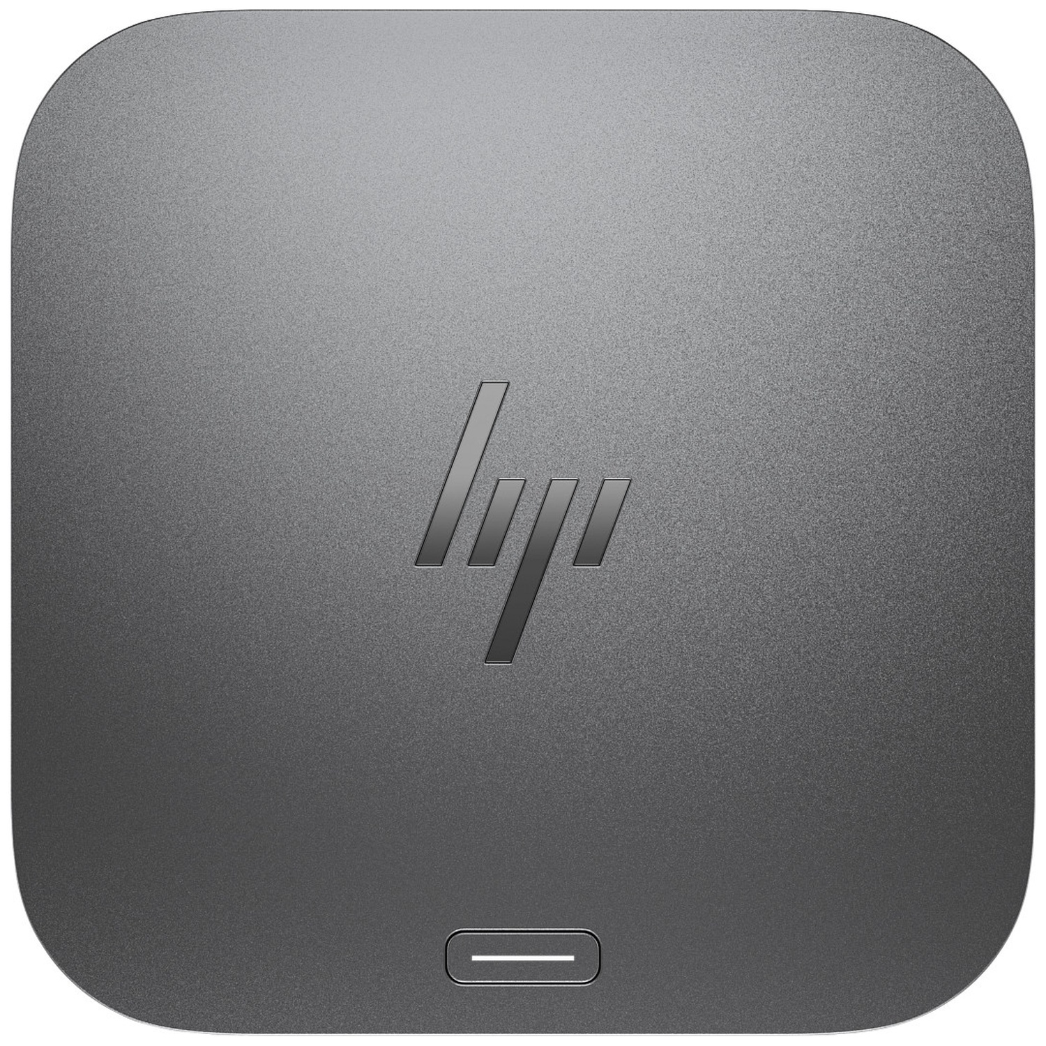 Een donkergrijze HP docking station. Het heeft afgeronde hoeken, het HP-logo en een kleine horizontale lijn aan de onderkant.