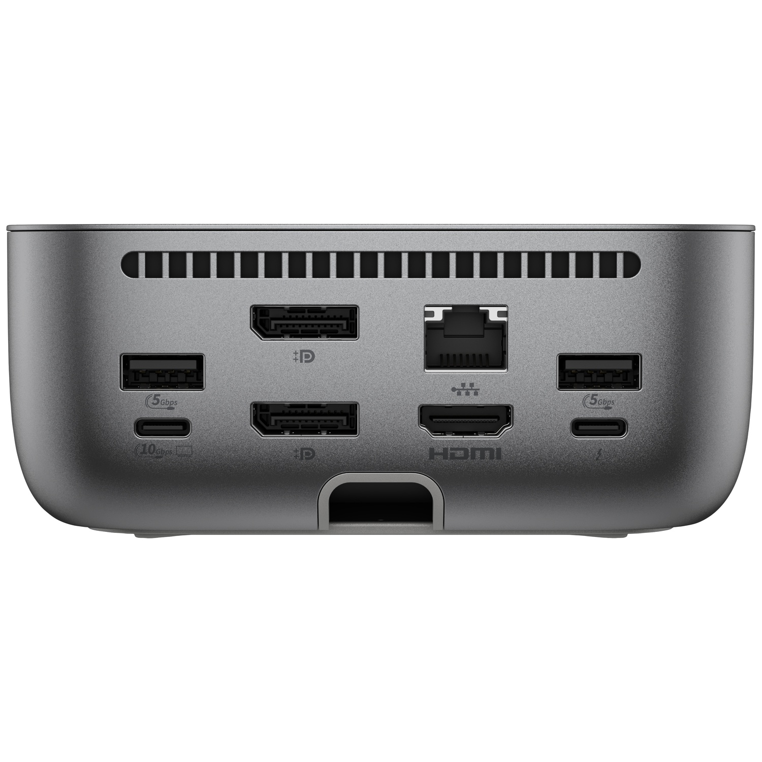 Zilveren dockingstation met meerdere poorten: HDMI, USB-C, Ethernet en anderen. De poorten zijn gelabeld en netjes gerangschikt.