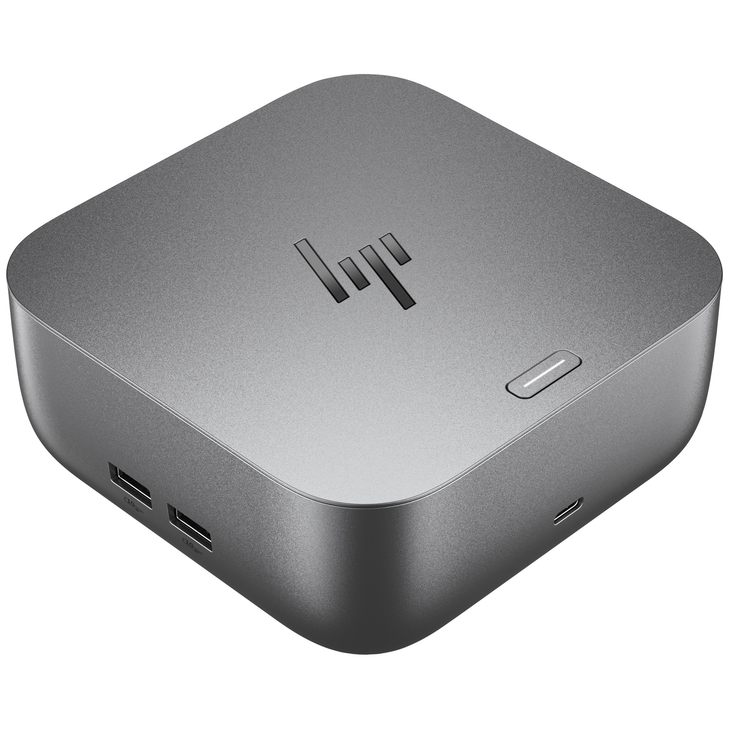Een grijs, vierkant apparaat met een HP-logo, poorten en een aan/uit-knop. Geïsoleerd op witte achtergrond. Het is een technologieproduct.