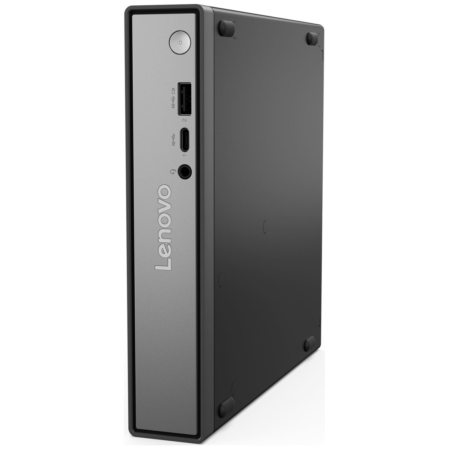 A black and gray Lenovo desktop computer. It has a power button, USB ports, and a headphone jack. The Lenovo logo is visible.